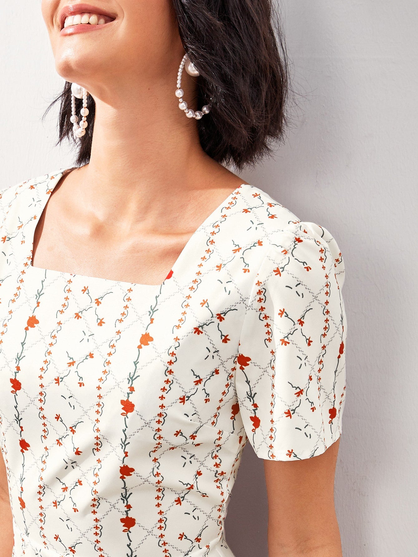 Grid & Floral Print Square Neck Split Hem Dress