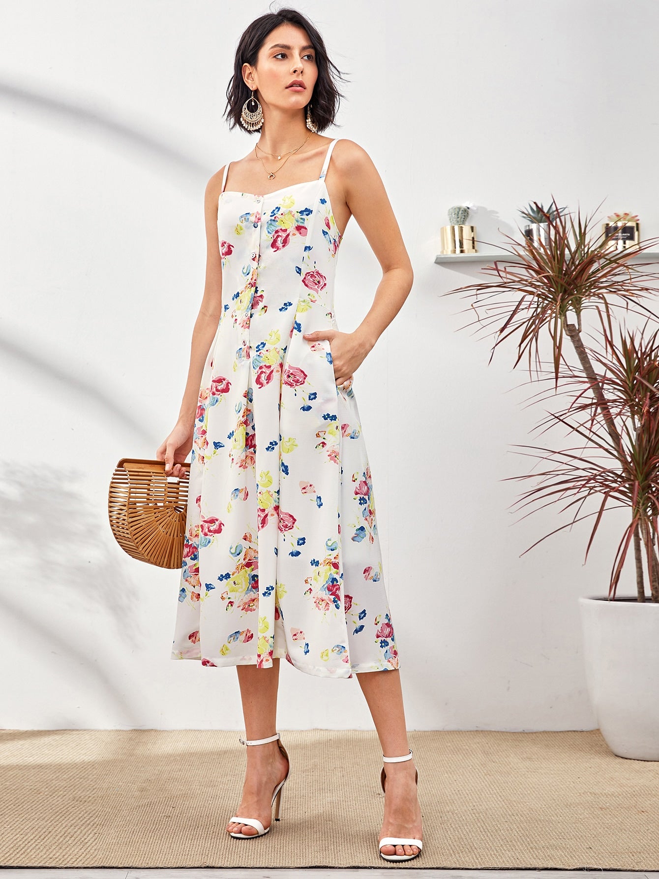 Floral Print Half Button Cami Dress