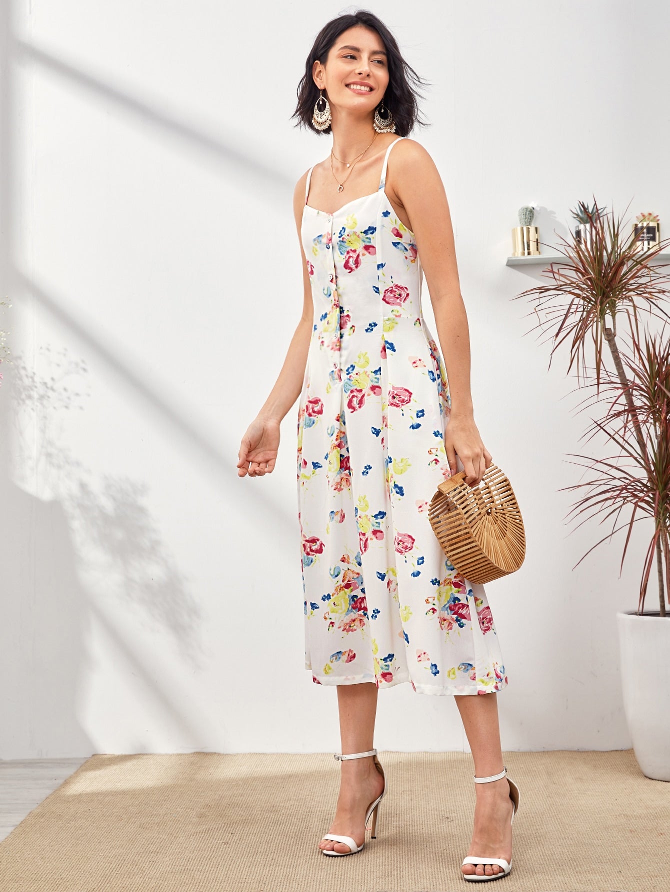 Floral Print Half Button Cami Dress