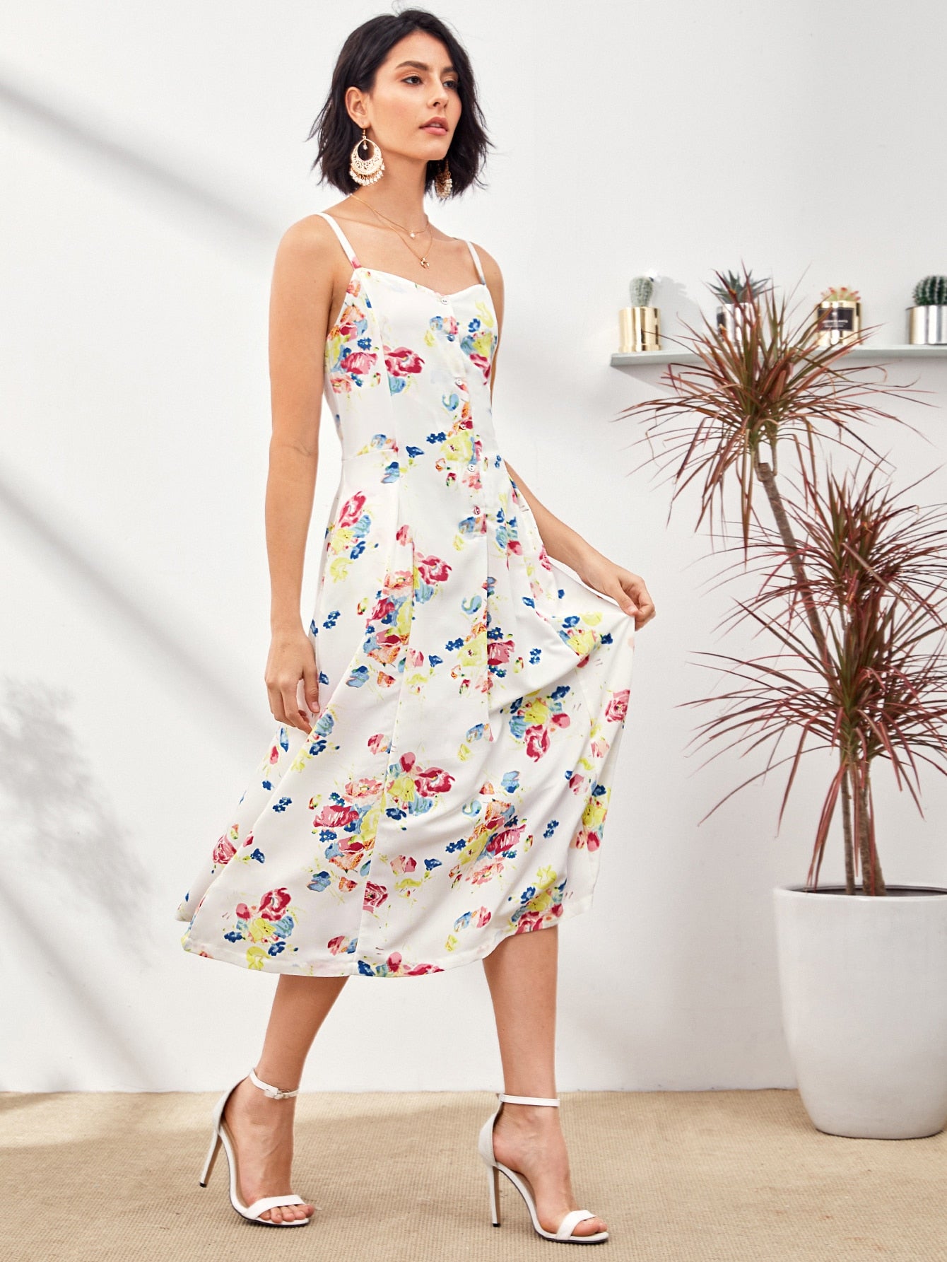 Floral Print Half Button Cami Dress