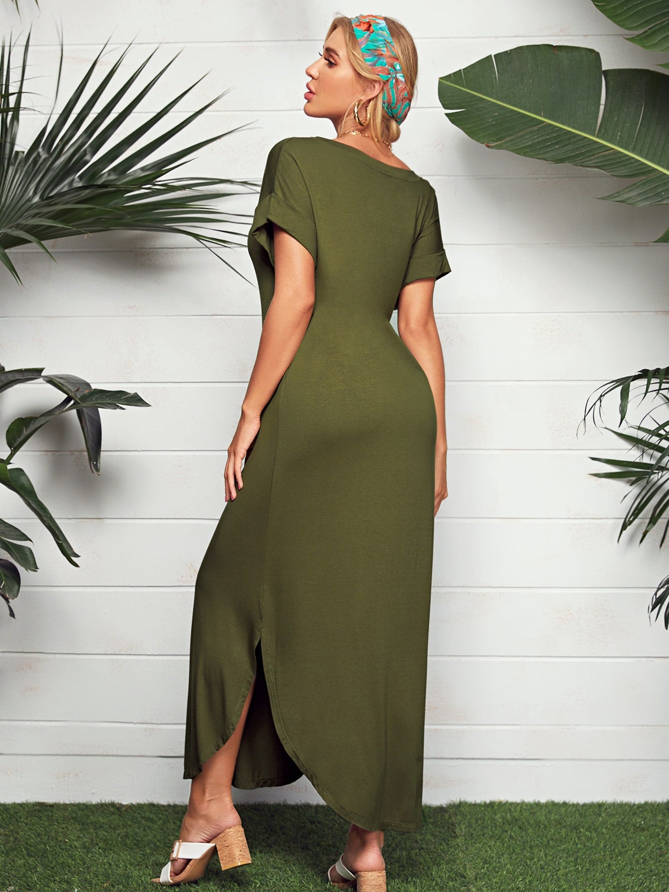 Batwing Sleeve Curved Hem Dress