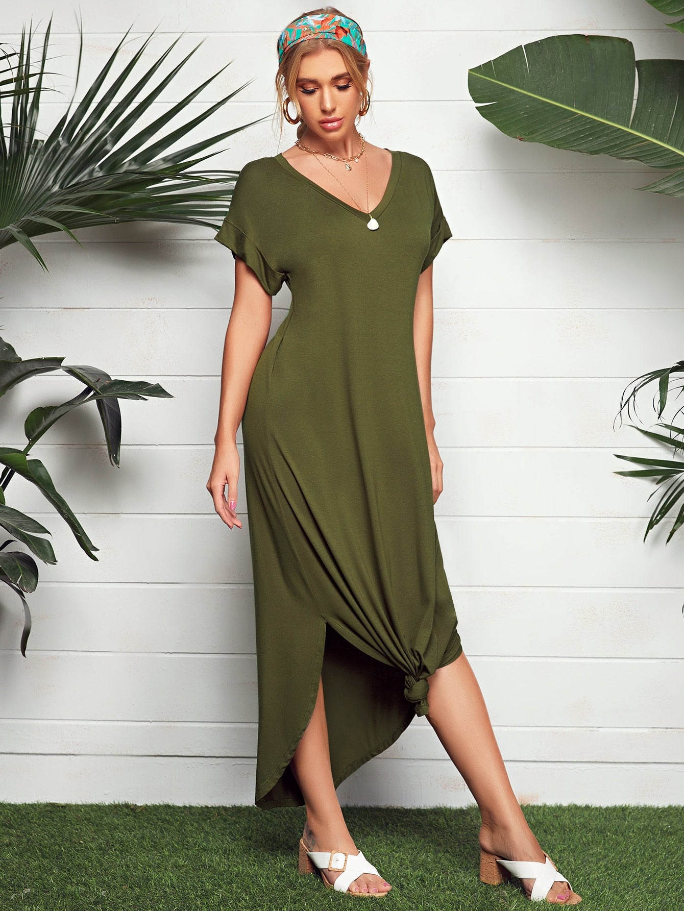 Batwing Sleeve Curved Hem Dress