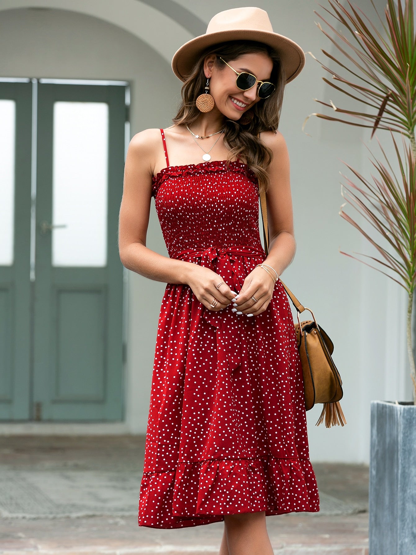 Polka Dot Print Shirred Bodice Belted Cami Dress