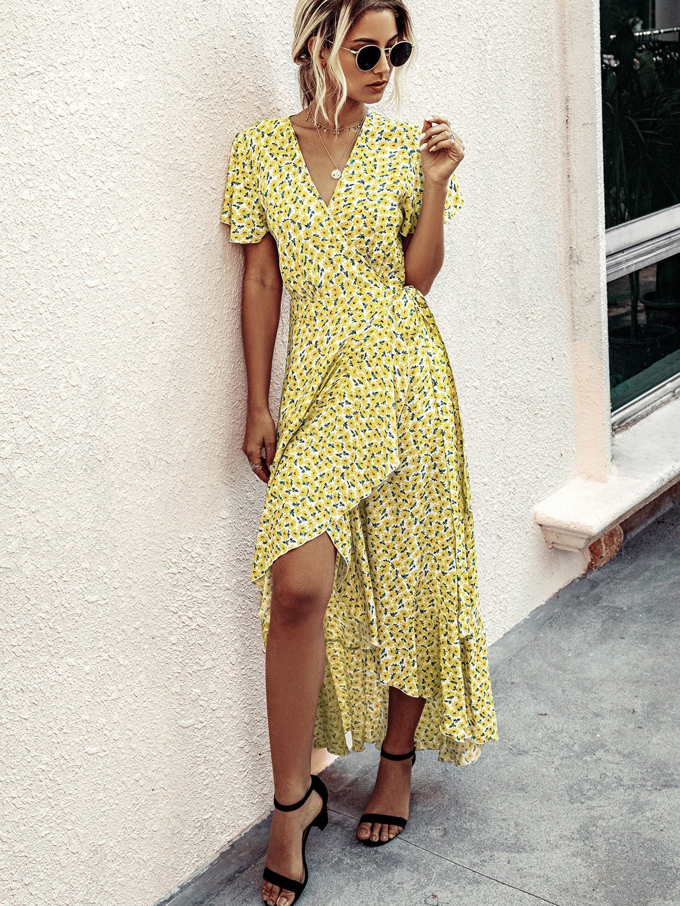 Floral Print Wrap Tie Side Split Thigh Dress