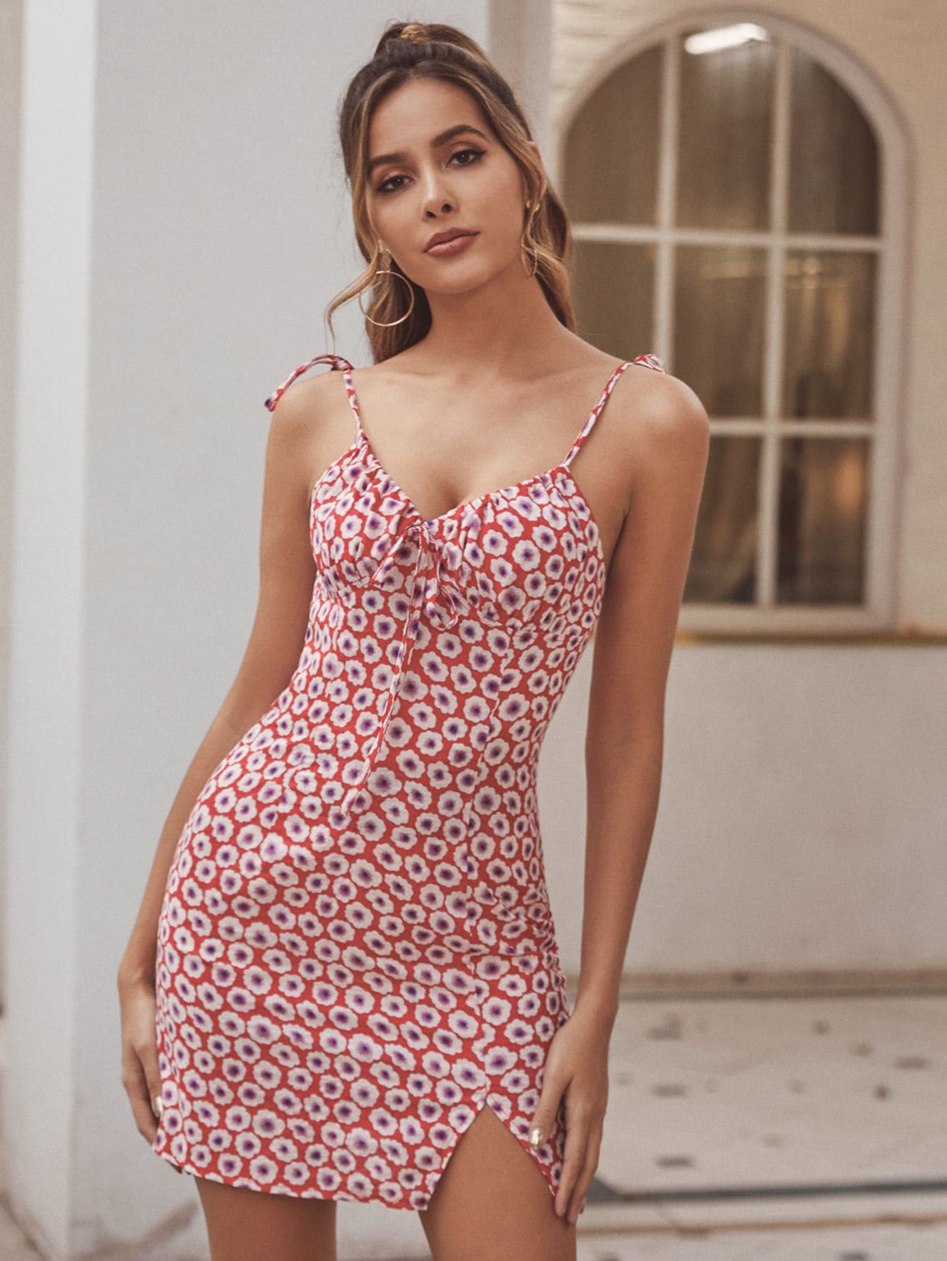 Floral Tie Shoulder V-cut Hem Cami Sundress