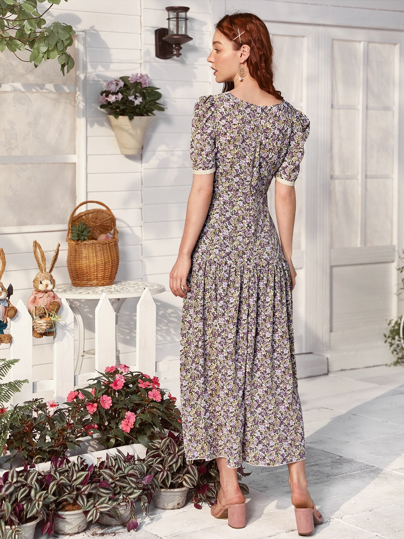 Allover Floral Print Contrast Lace Trim Dress