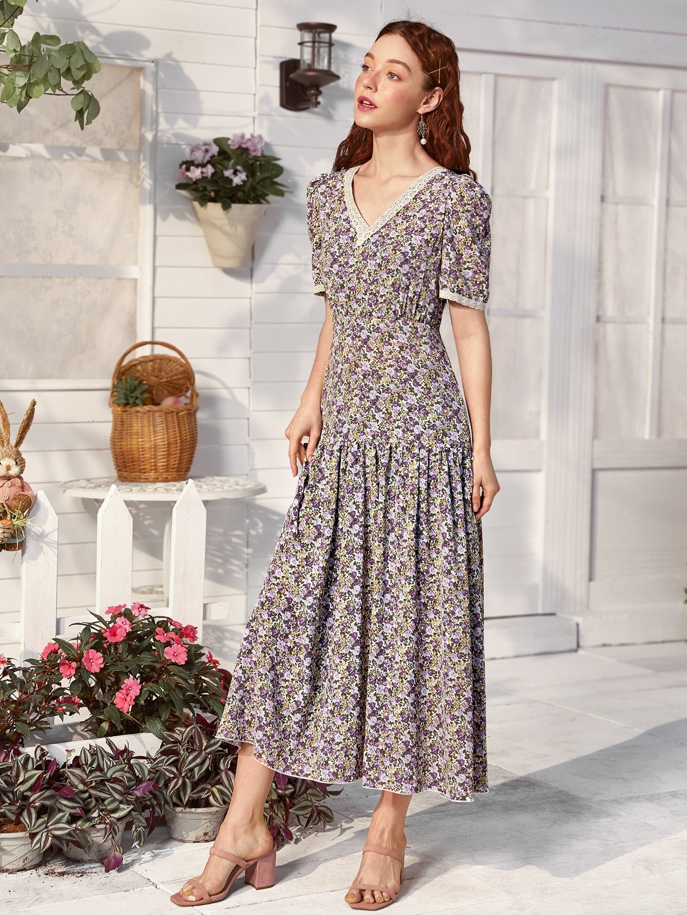 Allover Floral Print Contrast Lace Trim Dress