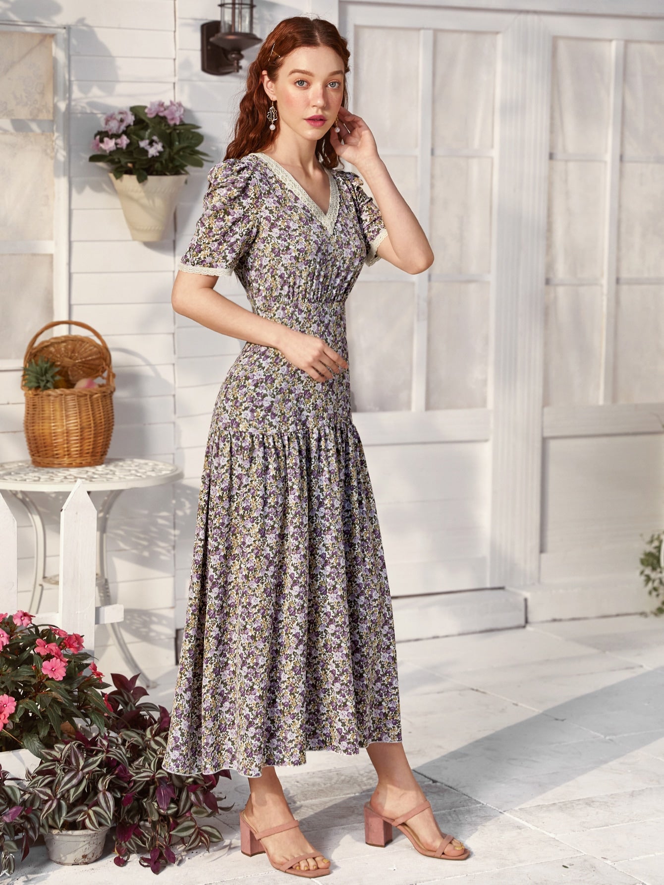 Allover Floral Print Contrast Lace Trim Dress