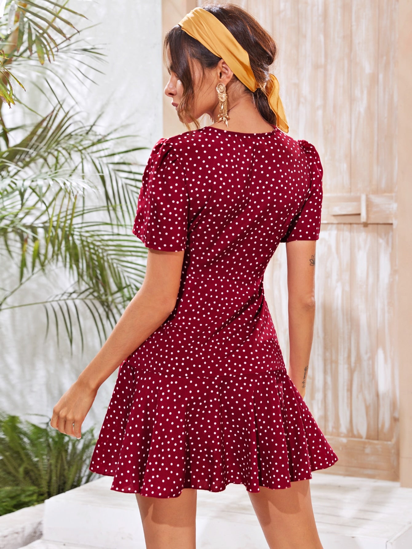 Polka Dot Ruched Button Front Ruffle Hem Dress