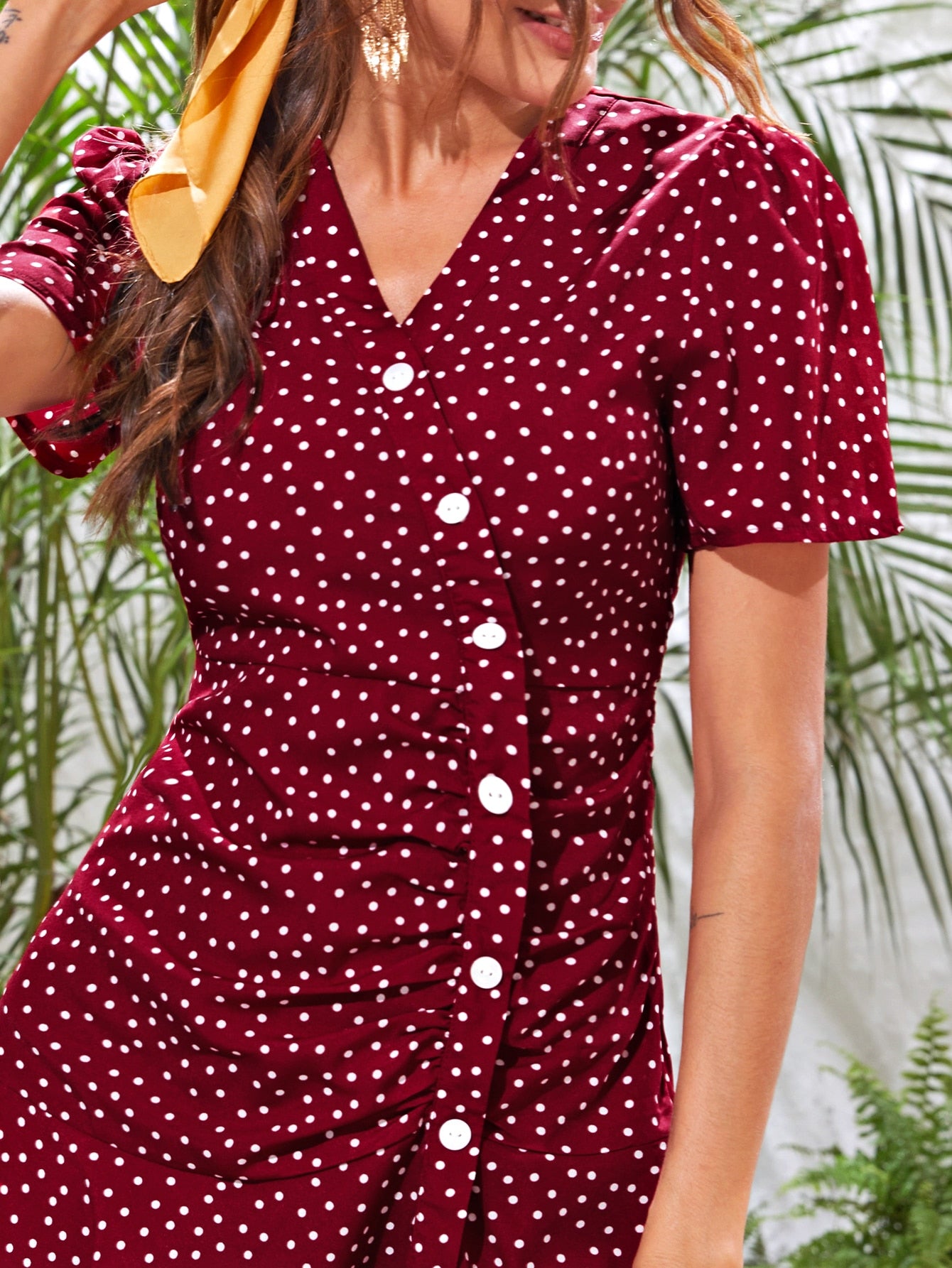 Polka Dot Ruched Button Front Ruffle Hem Dress