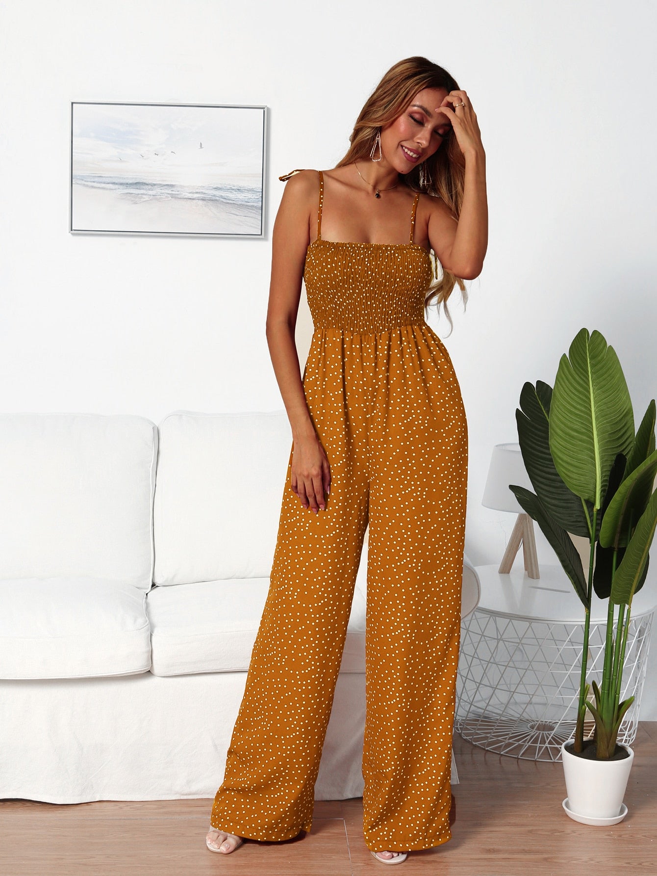 Polka Dot Shirred Cami Jumpsuit