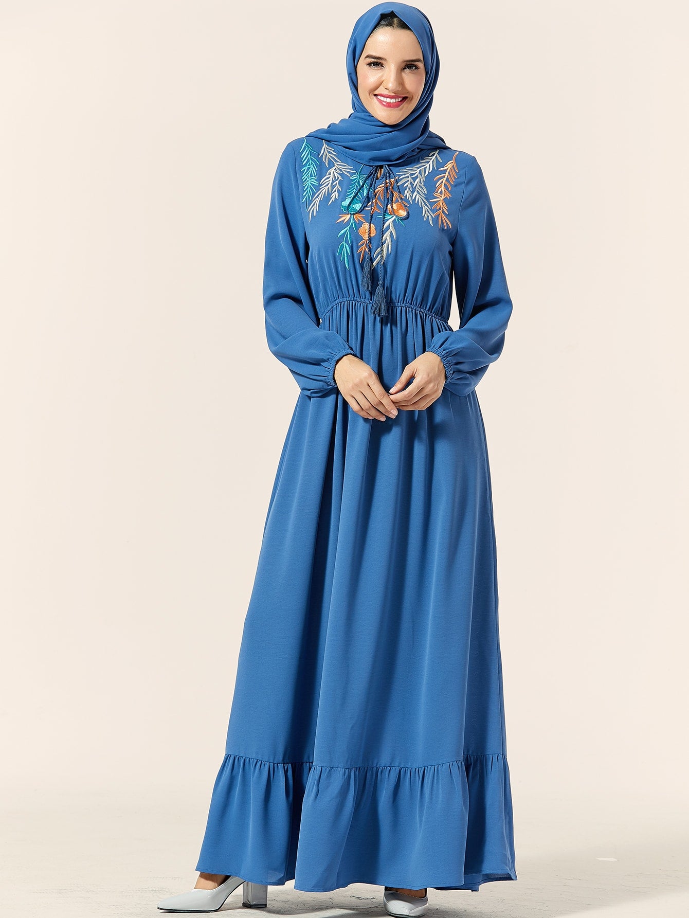 Plants Embroidery Tassel Tie Ruffle Hem Dress Without Headscarf
