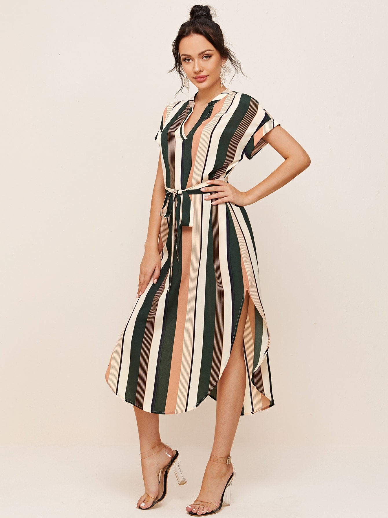 Notch Neck Curved Hem Self Belted Striped Dress