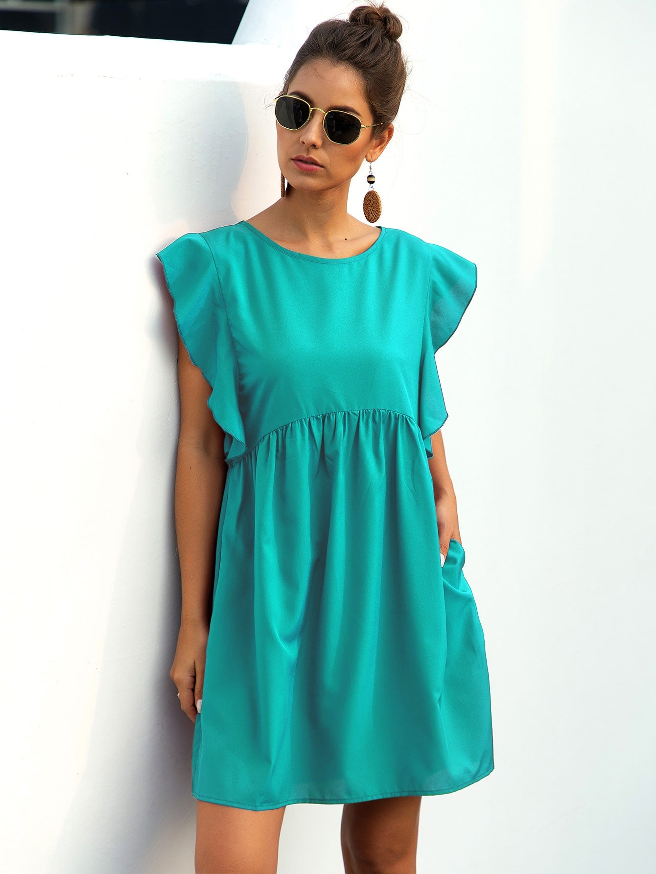 Ruffle Trim Pocket Smock Dress