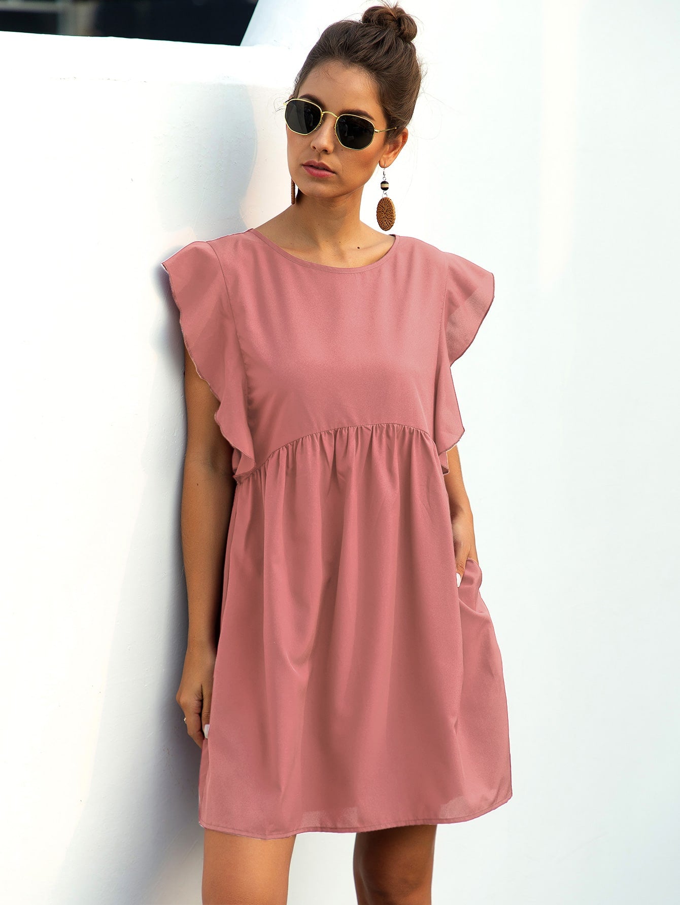 Ruffle Trim Pocket Smock Dress