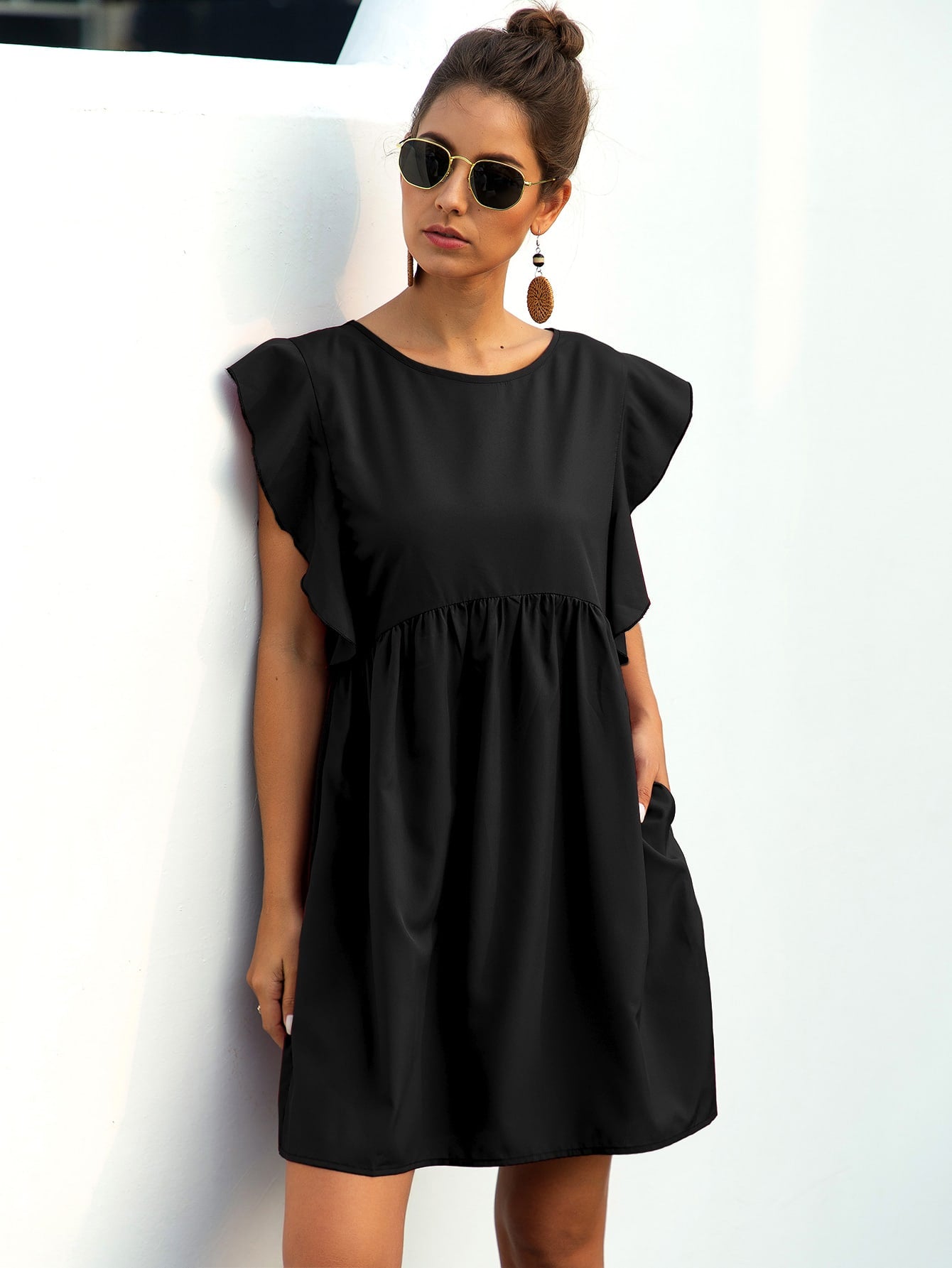 Ruffle Trim Pocket Smock Dress