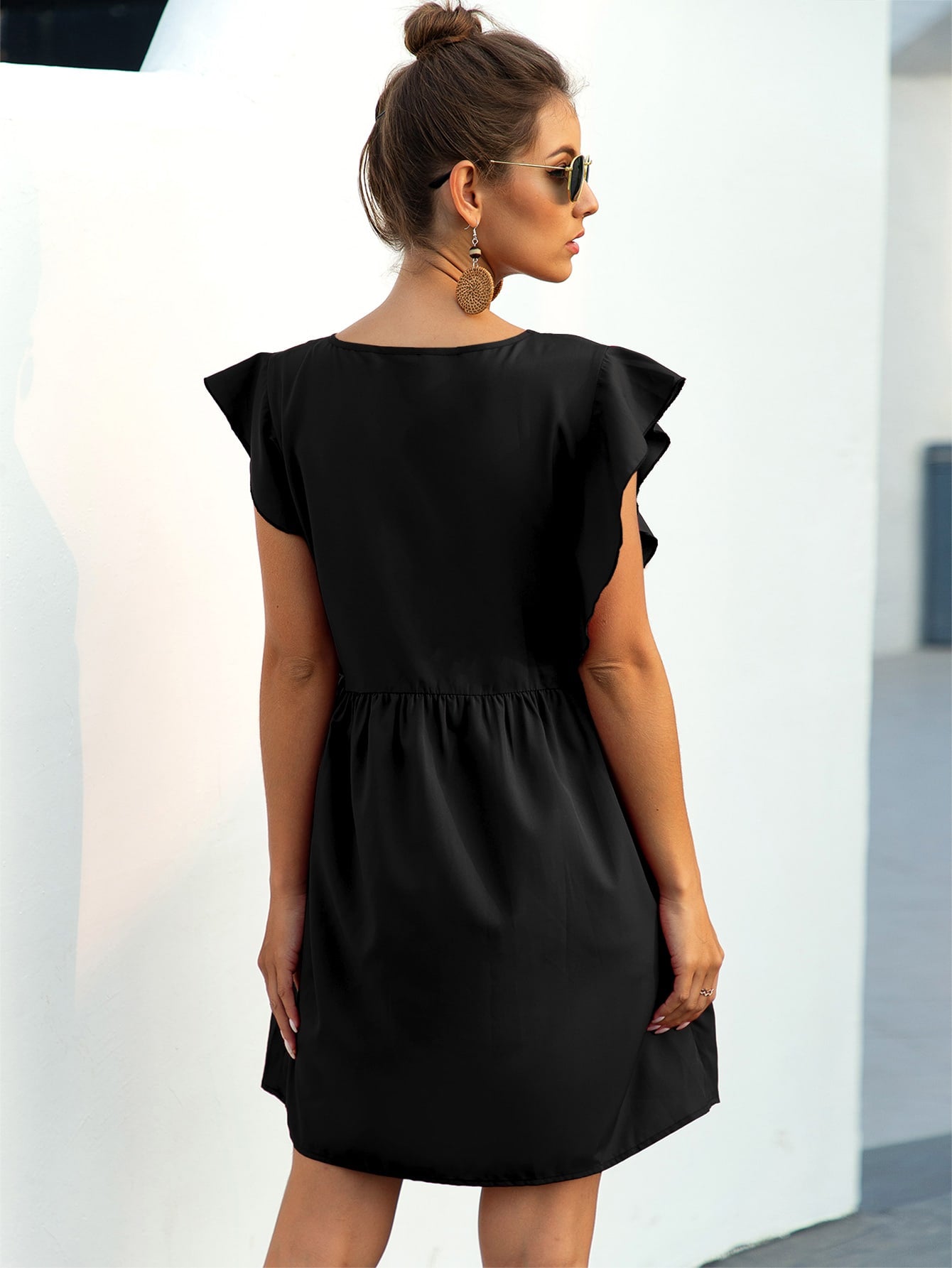Ruffle Trim Pocket Smock Dress