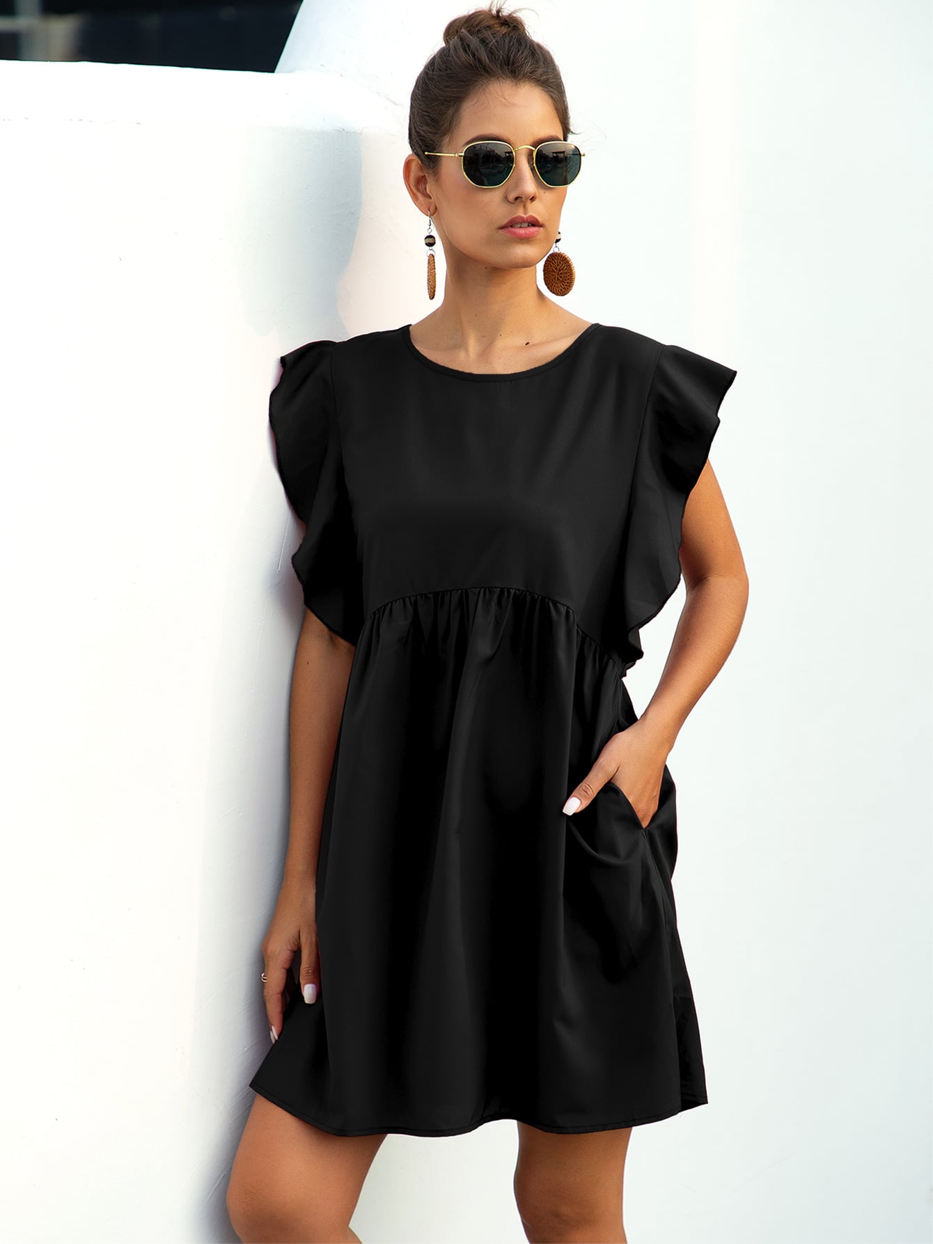 Ruffle Trim Pocket Smock Dress