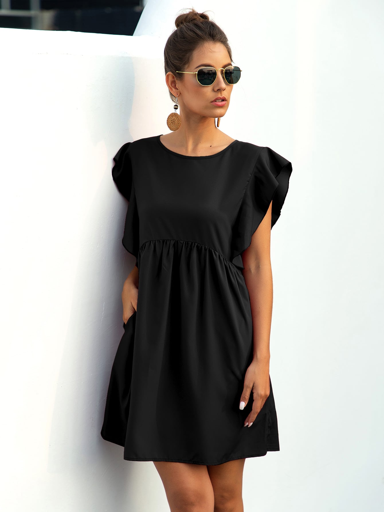 Ruffle Trim Pocket Smock Dress