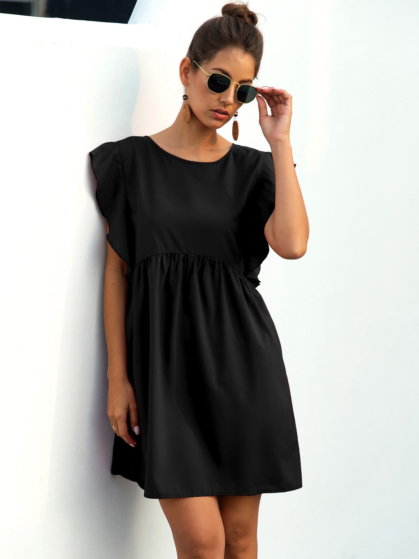 Ruffle Trim Pocket Smock Dress