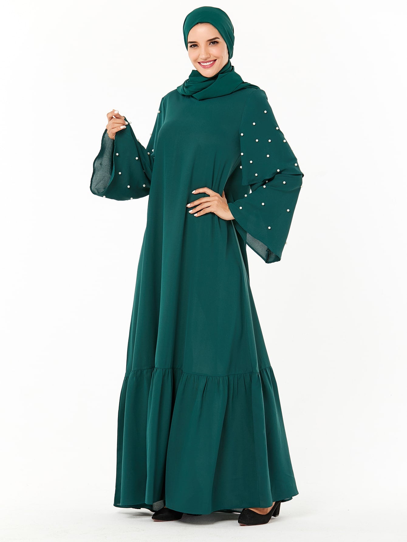 Pearls Self Tie Ruffle Hem Dress Without Headscarf
