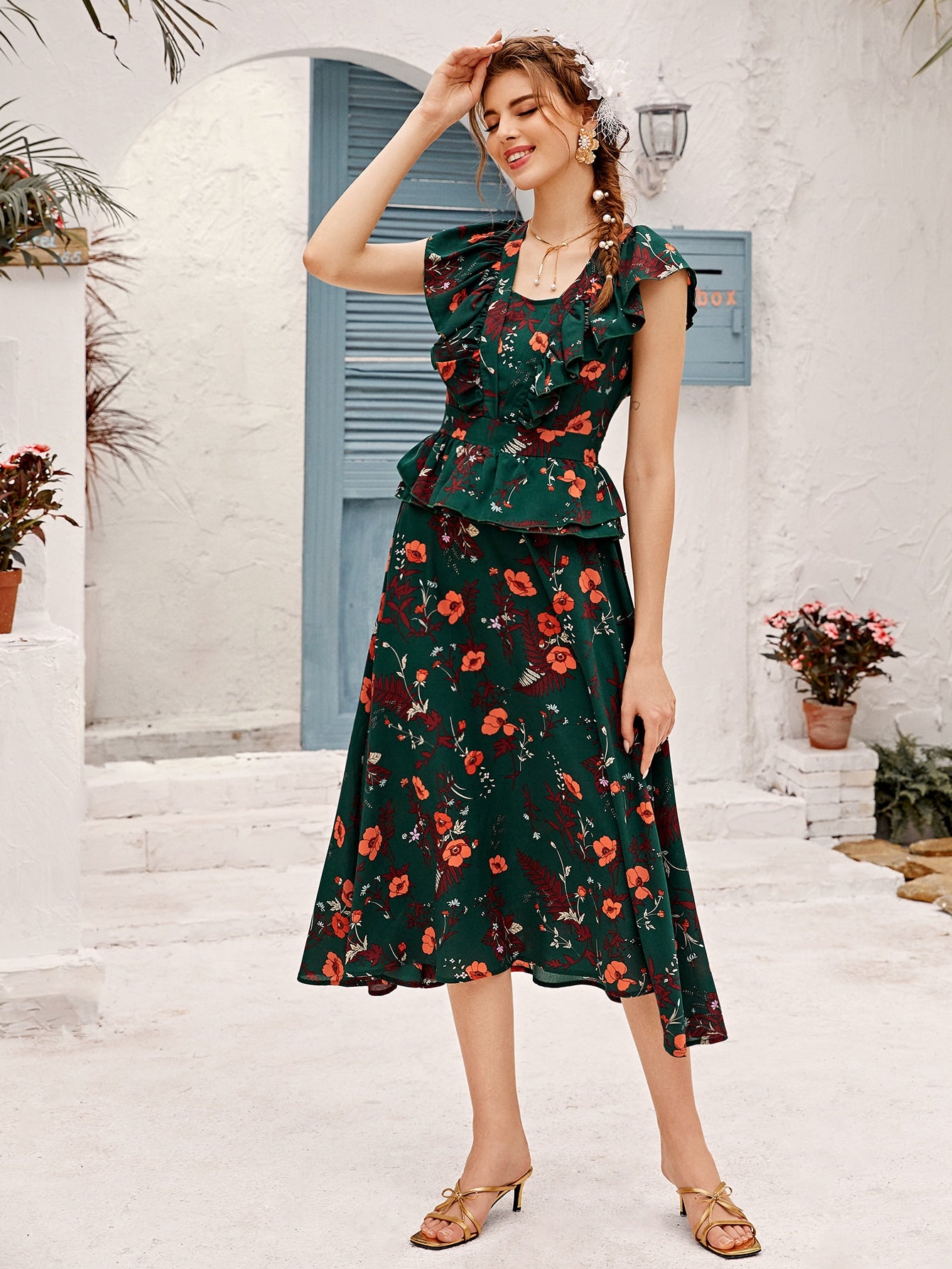 Floral Print Ruffle Trim Peplum Dress