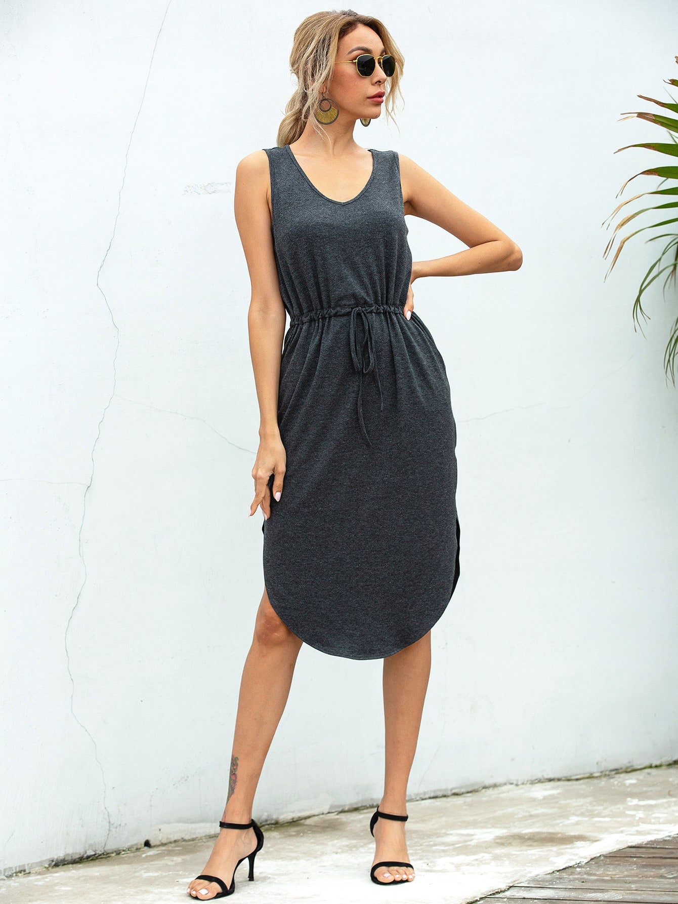 Curved Split Hem Drawstring Tank Dress