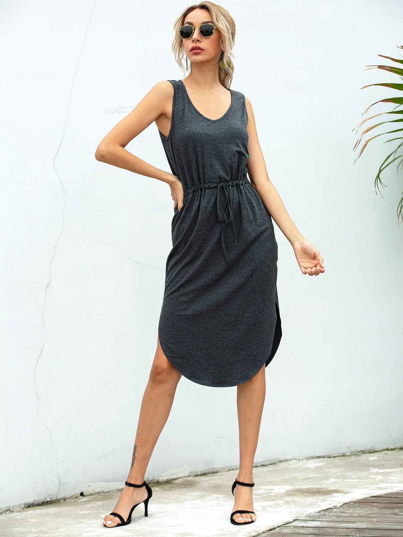 Curved Split Hem Drawstring Tank Dress