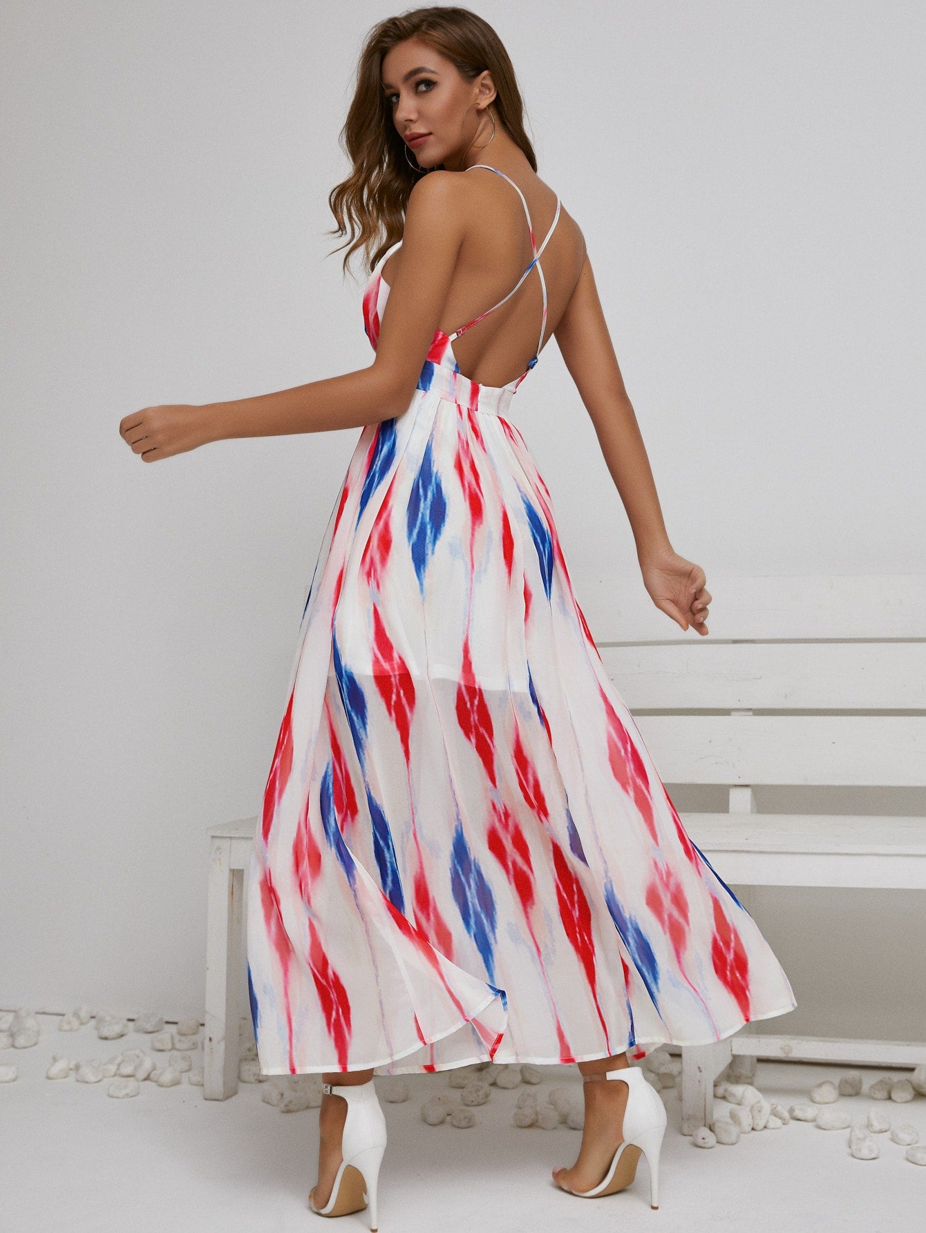 Amy's Cart Plunge Neck Crisscross Back Geo Dress