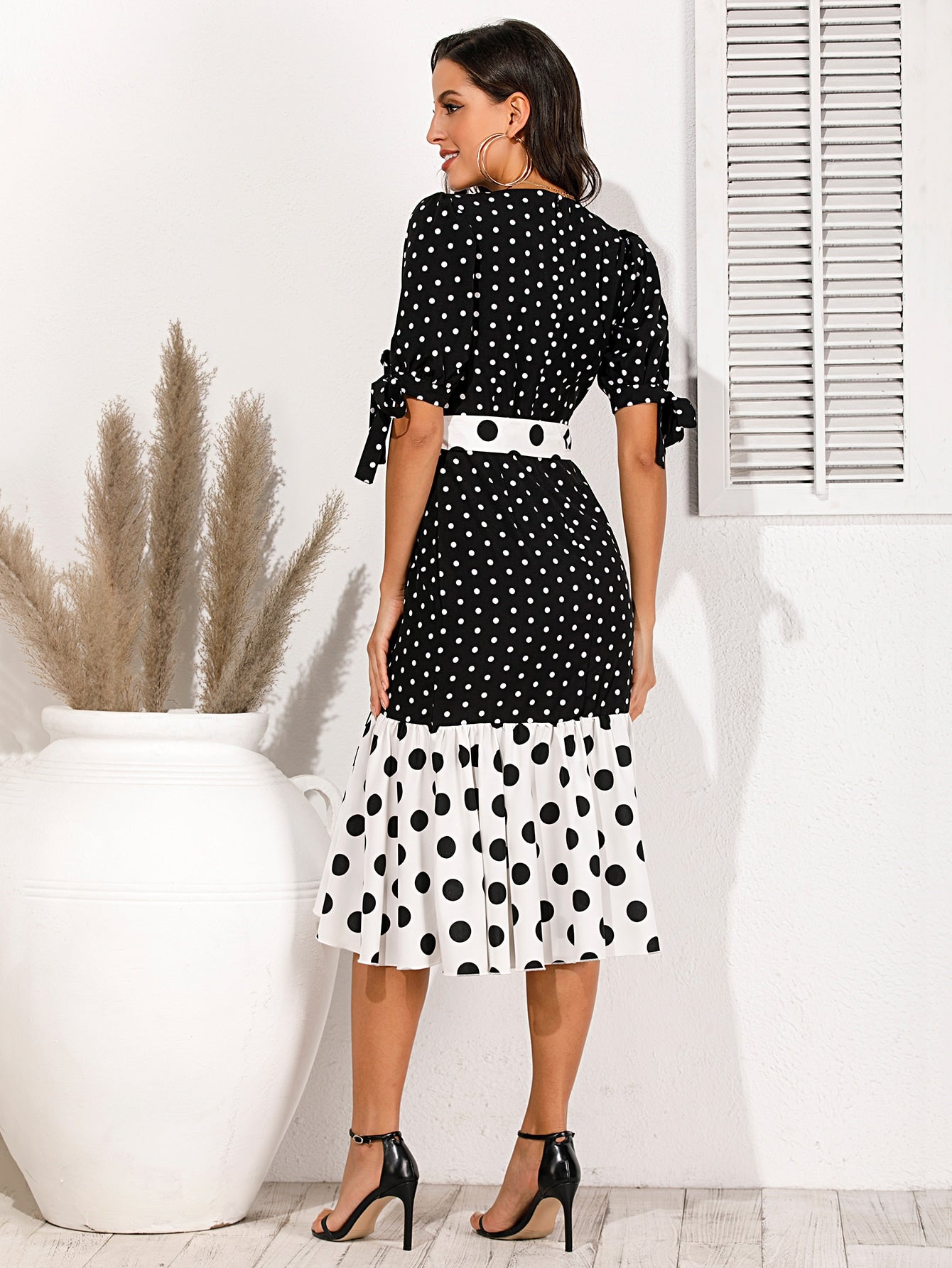 Polka Dot Knot Cuff Ruffle Belted Chiffon Dress