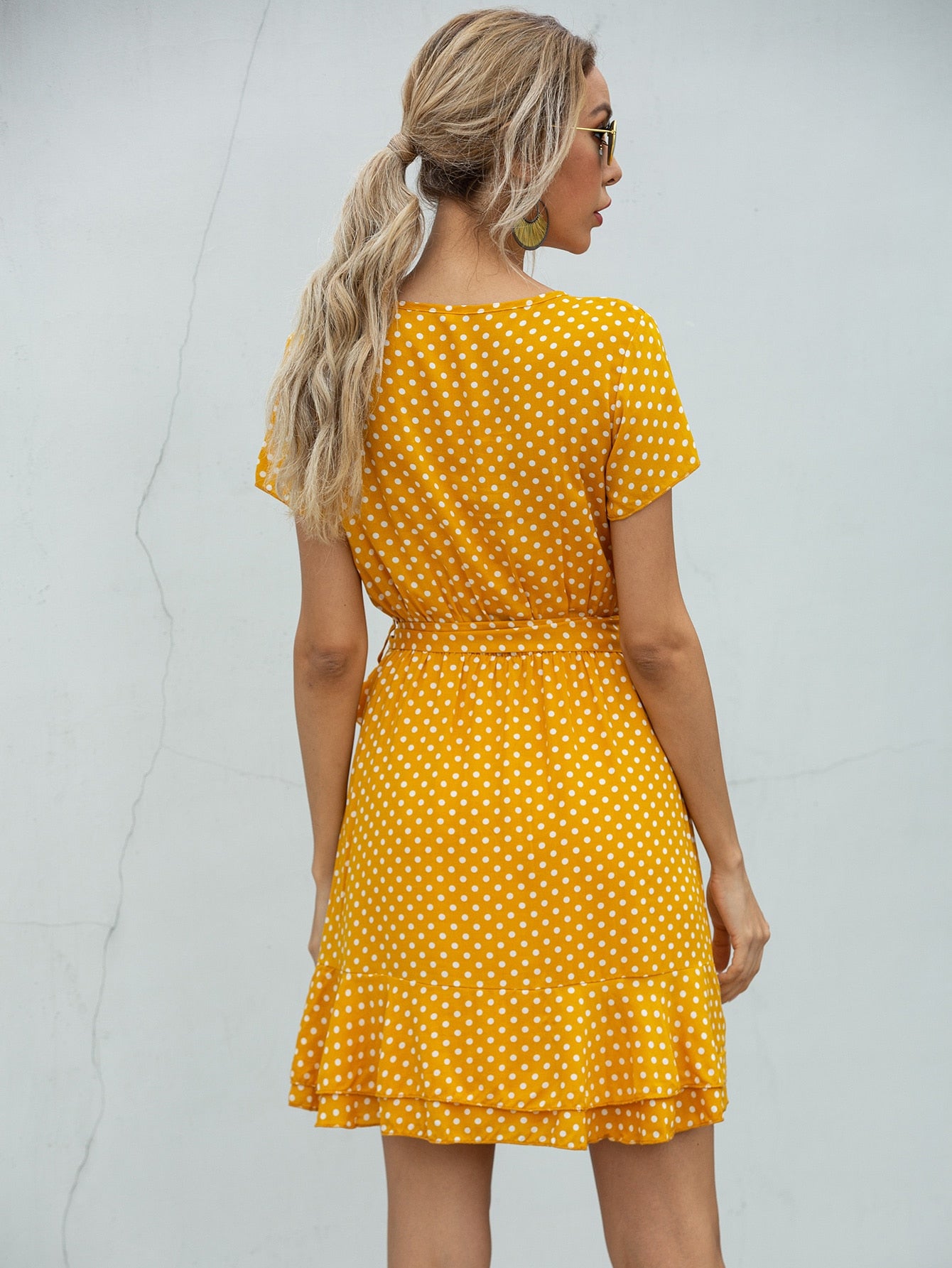Polka Dot Surplice Front Ruffle Trim Belted Dress