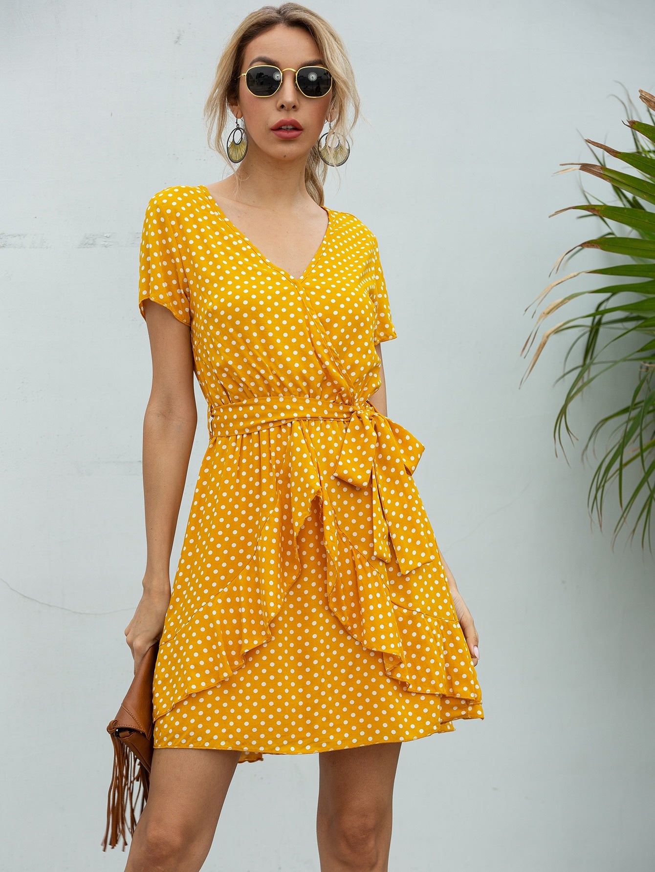 Polka Dot Surplice Front Ruffle Trim Belted Dress