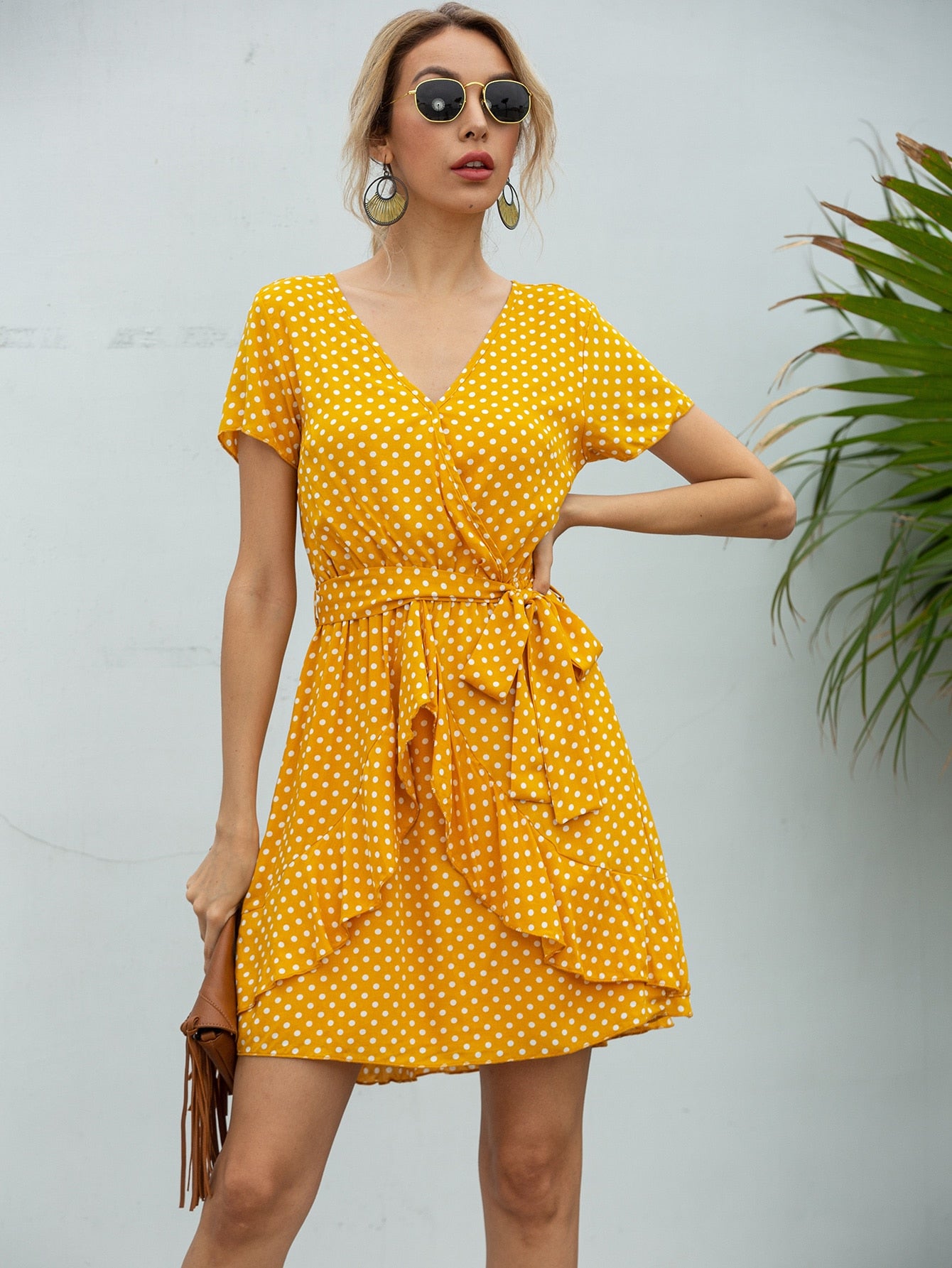 Polka Dot Surplice Front Ruffle Trim Belted Dress