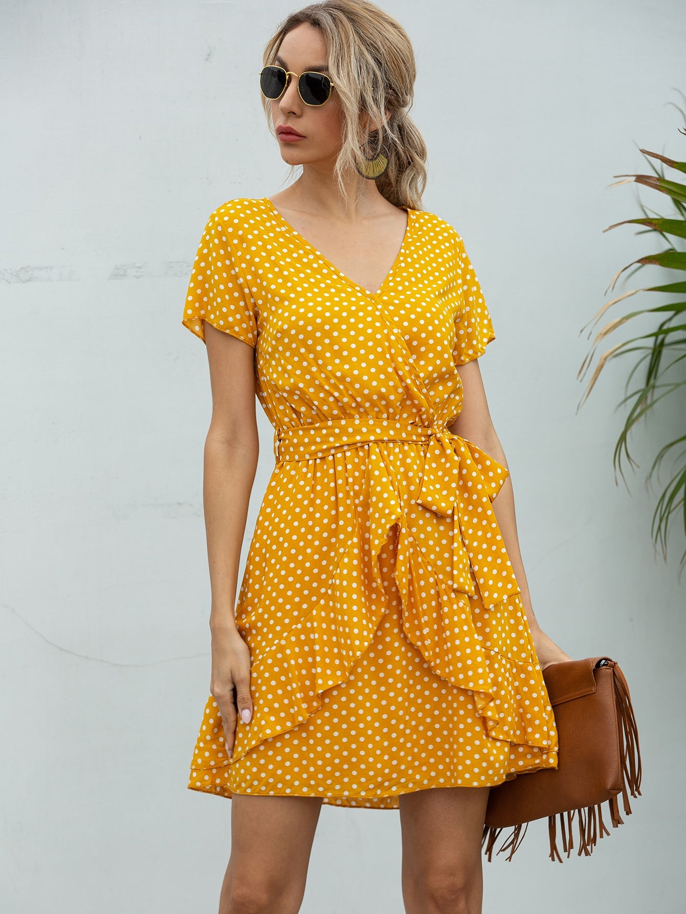 Polka Dot Surplice Front Ruffle Trim Belted Dress
