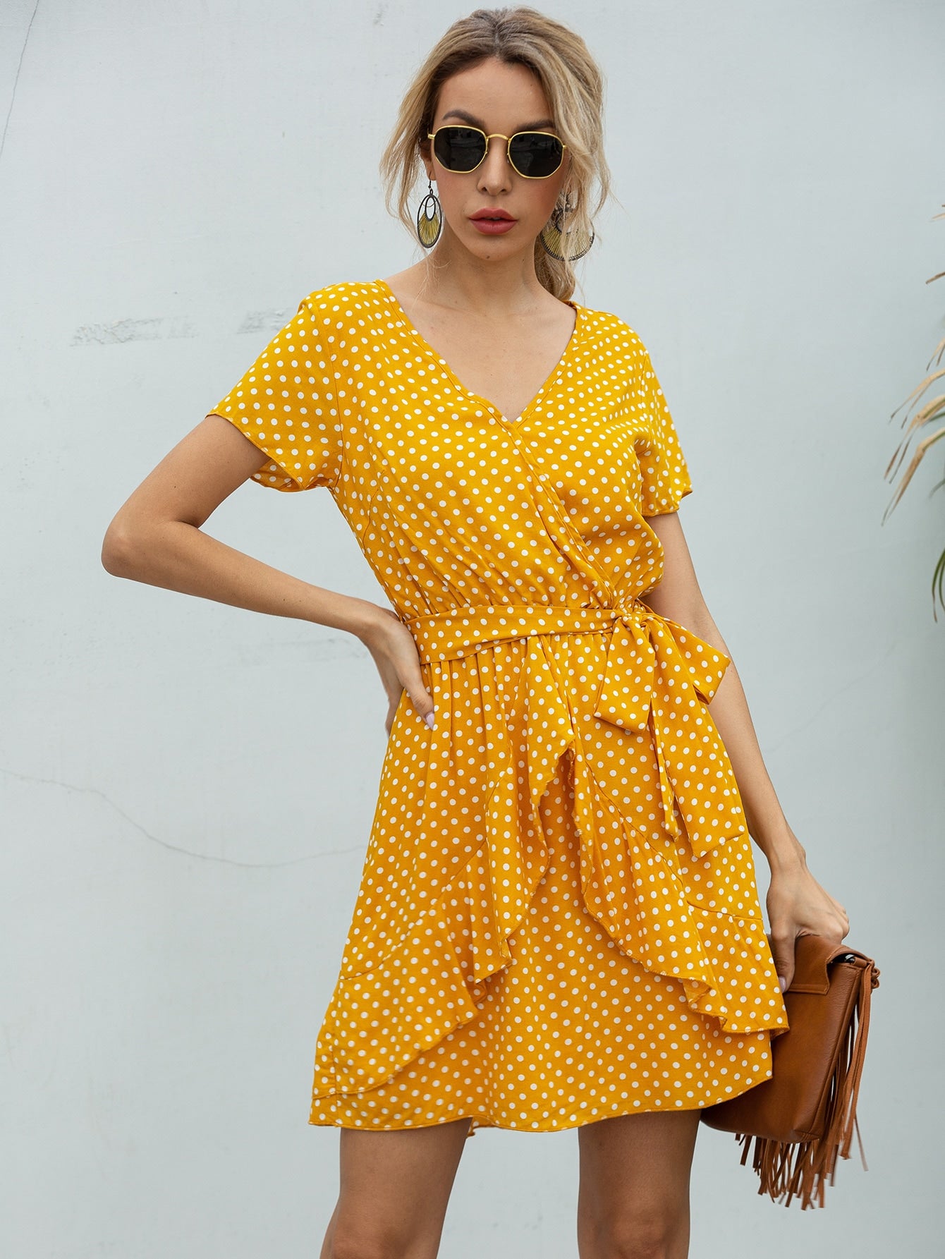 Polka Dot Surplice Front Ruffle Trim Belted Dress