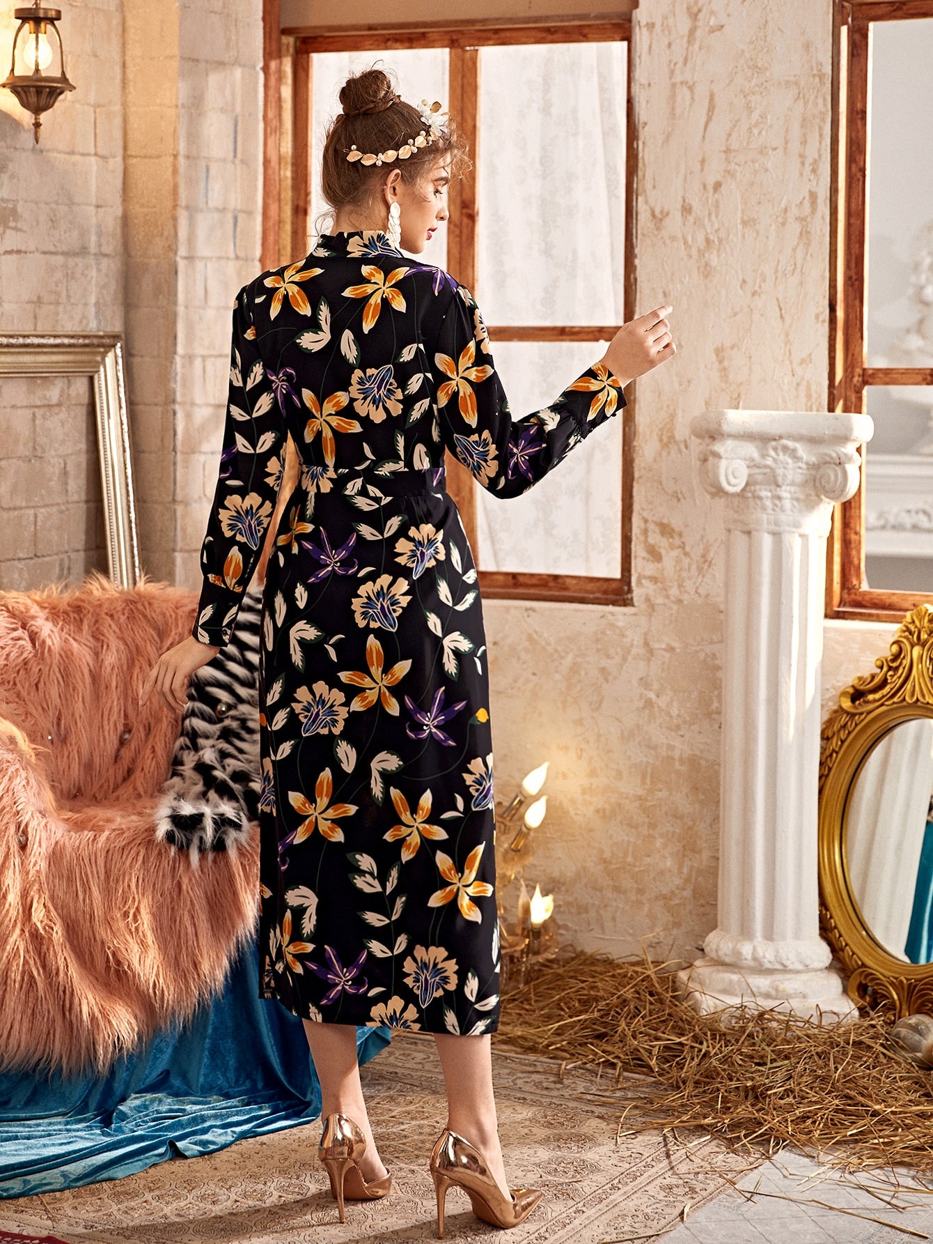 Allover Floral Tie Neck Fitted Dress