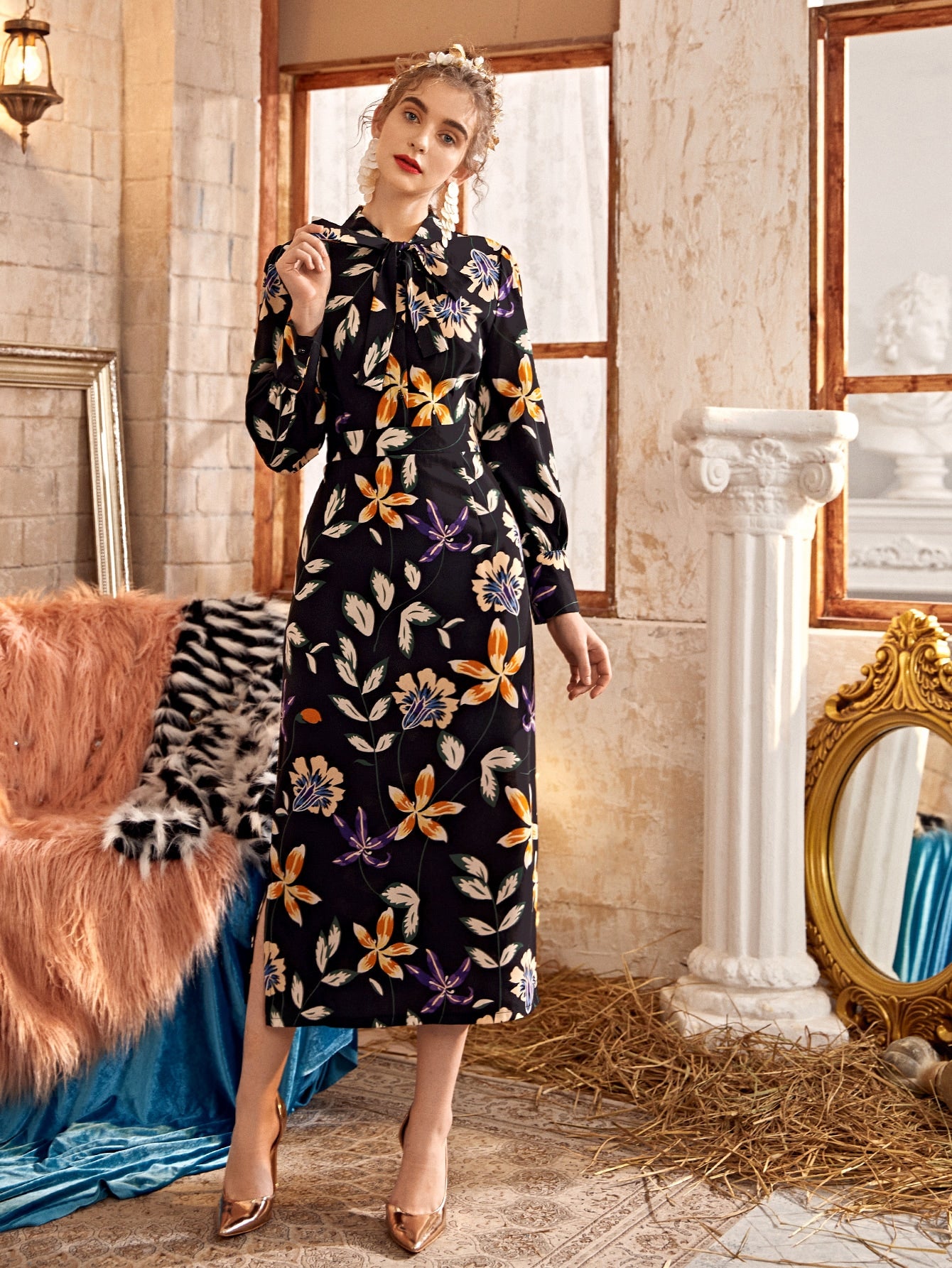 Allover Floral Tie Neck Fitted Dress