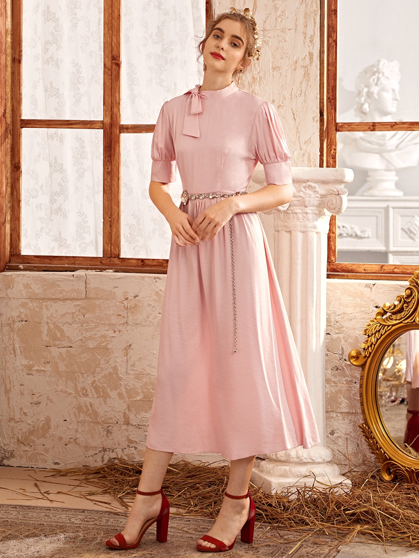 Tie Neck Puff Sleeve Dress Without Belted