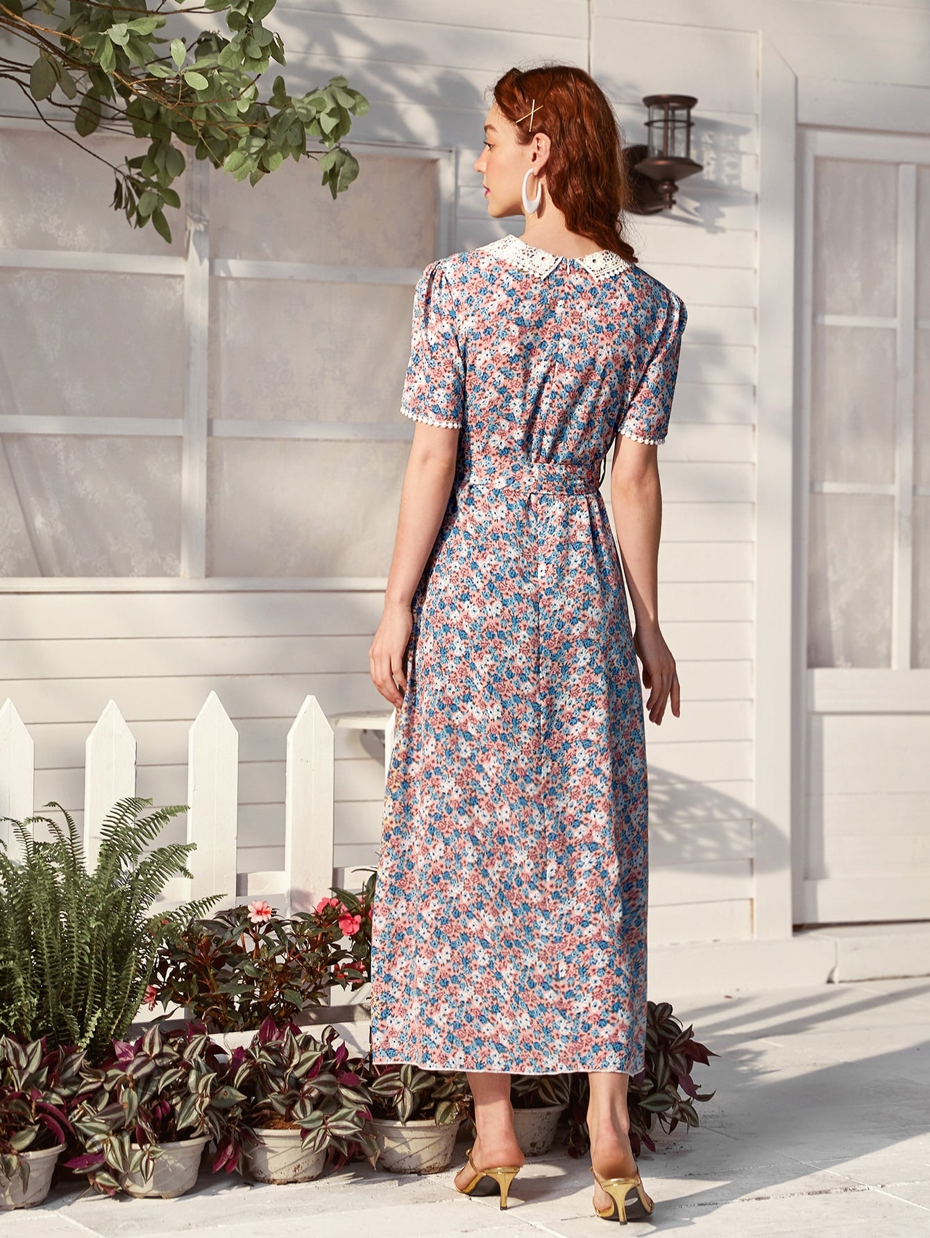 Contrast Lace Collar Allover Floral Belted Dress