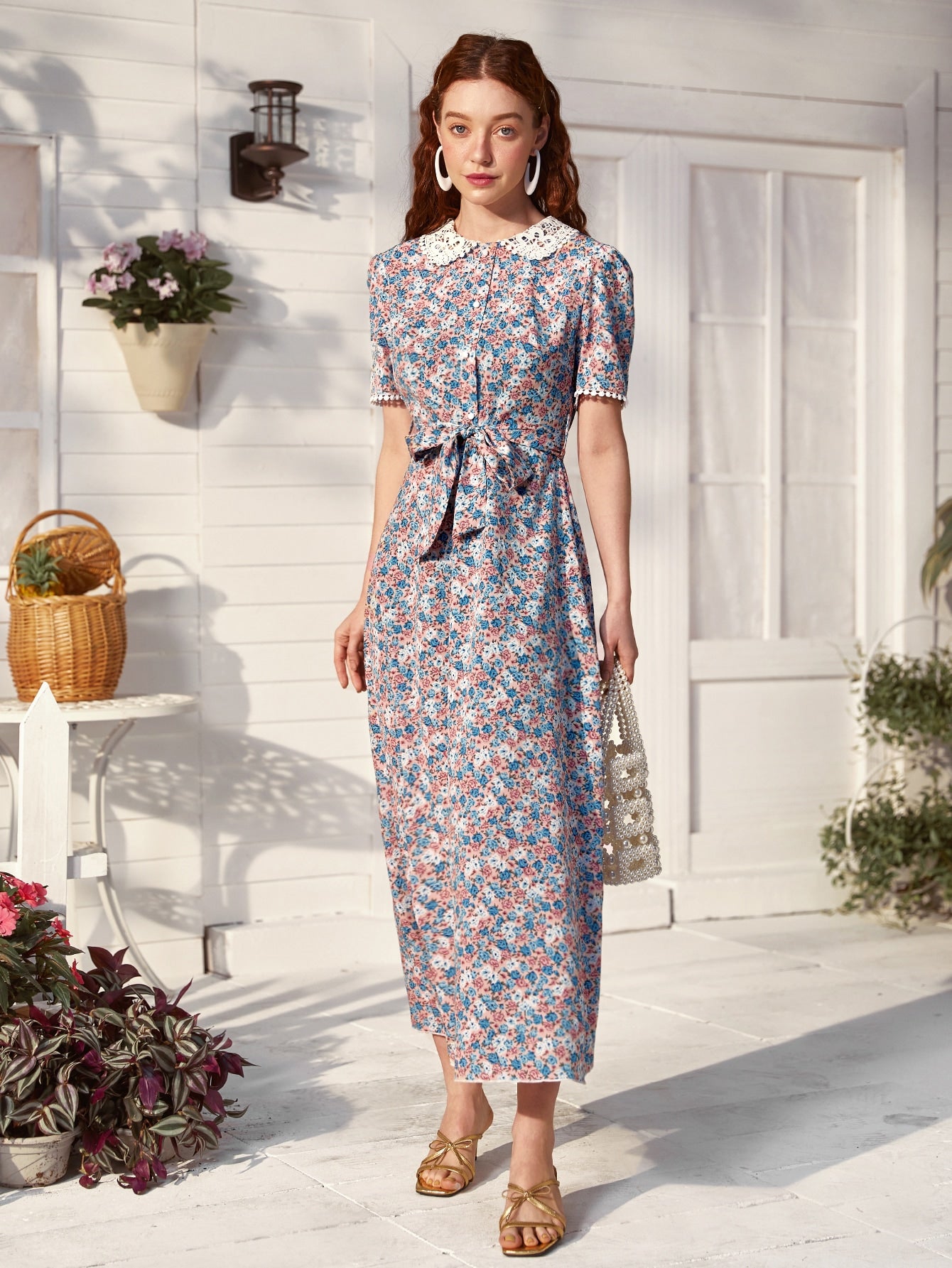 Contrast Lace Collar Allover Floral Belted Dress