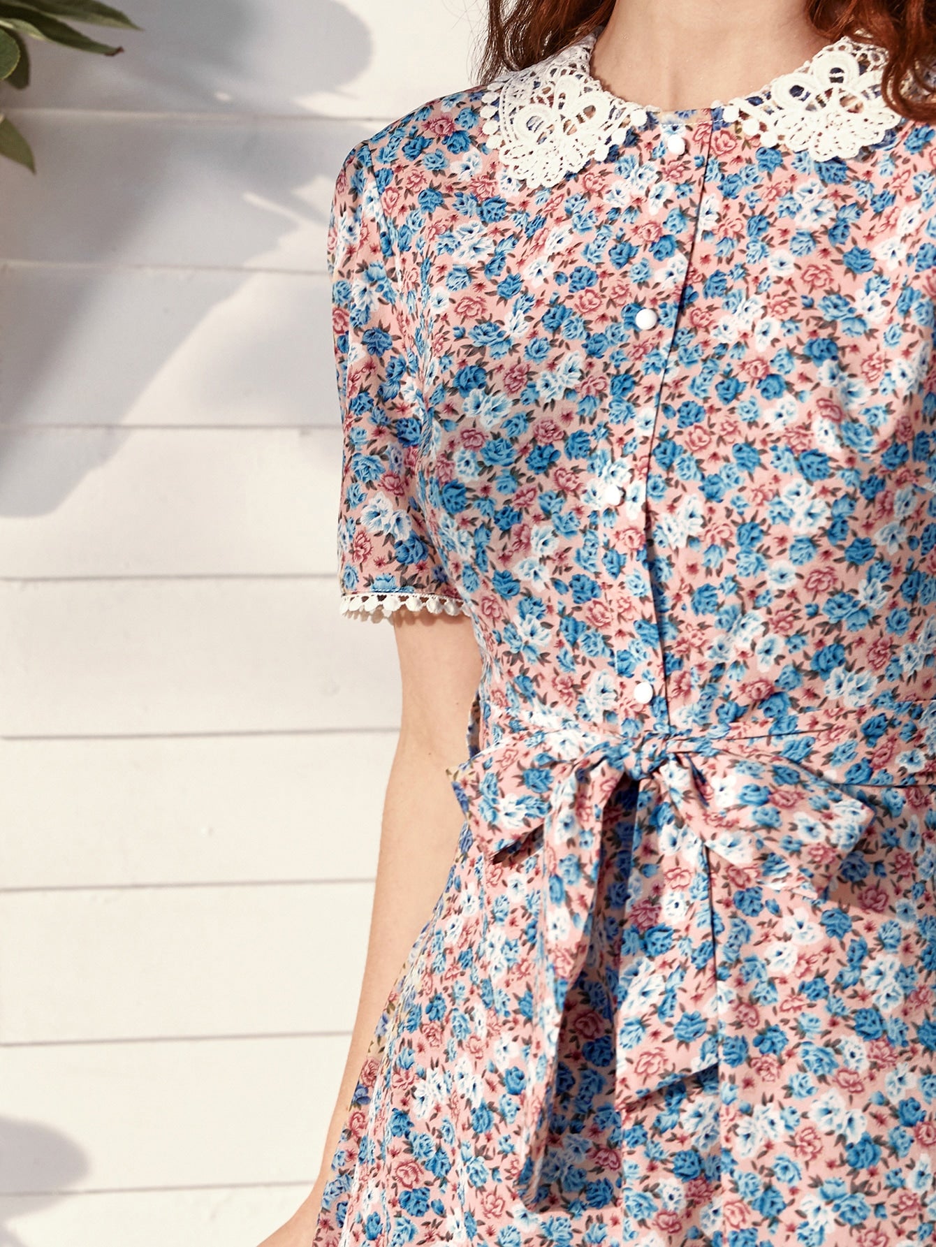 Contrast Lace Collar Allover Floral Belted Dress