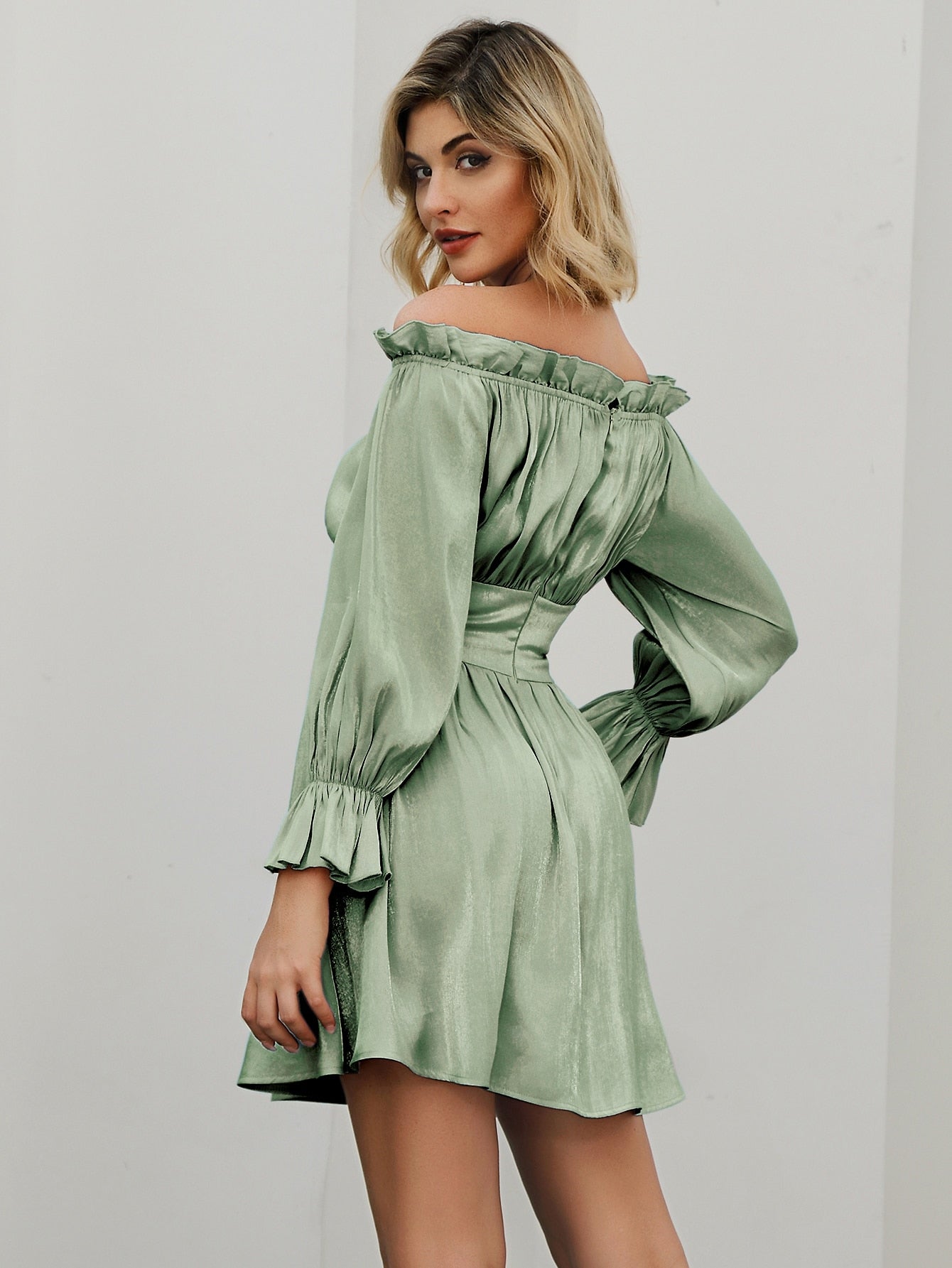 Amy's Cart Frill Off Shoulder Satin Dress