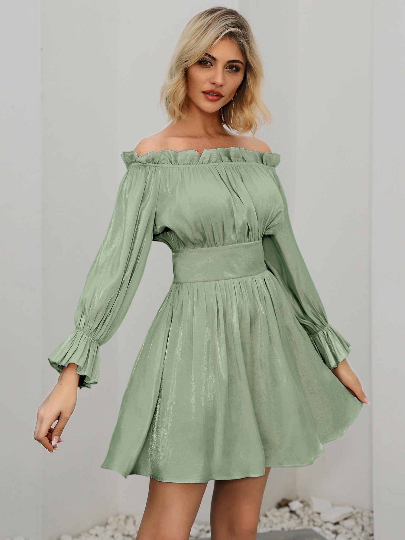 Amy's Cart Frill Off Shoulder Satin Dress