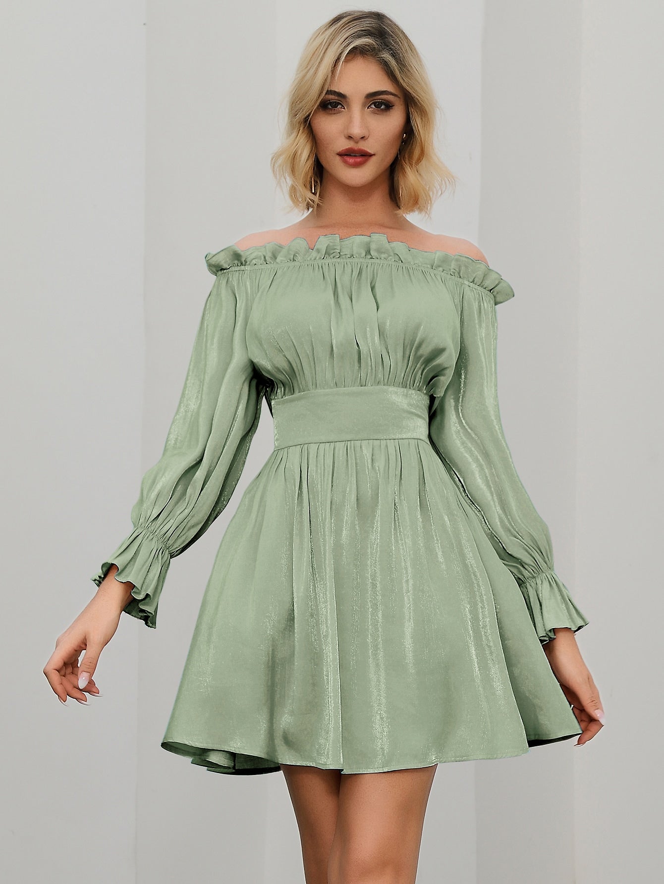 Amy's Cart Frill Off Shoulder Satin Dress
