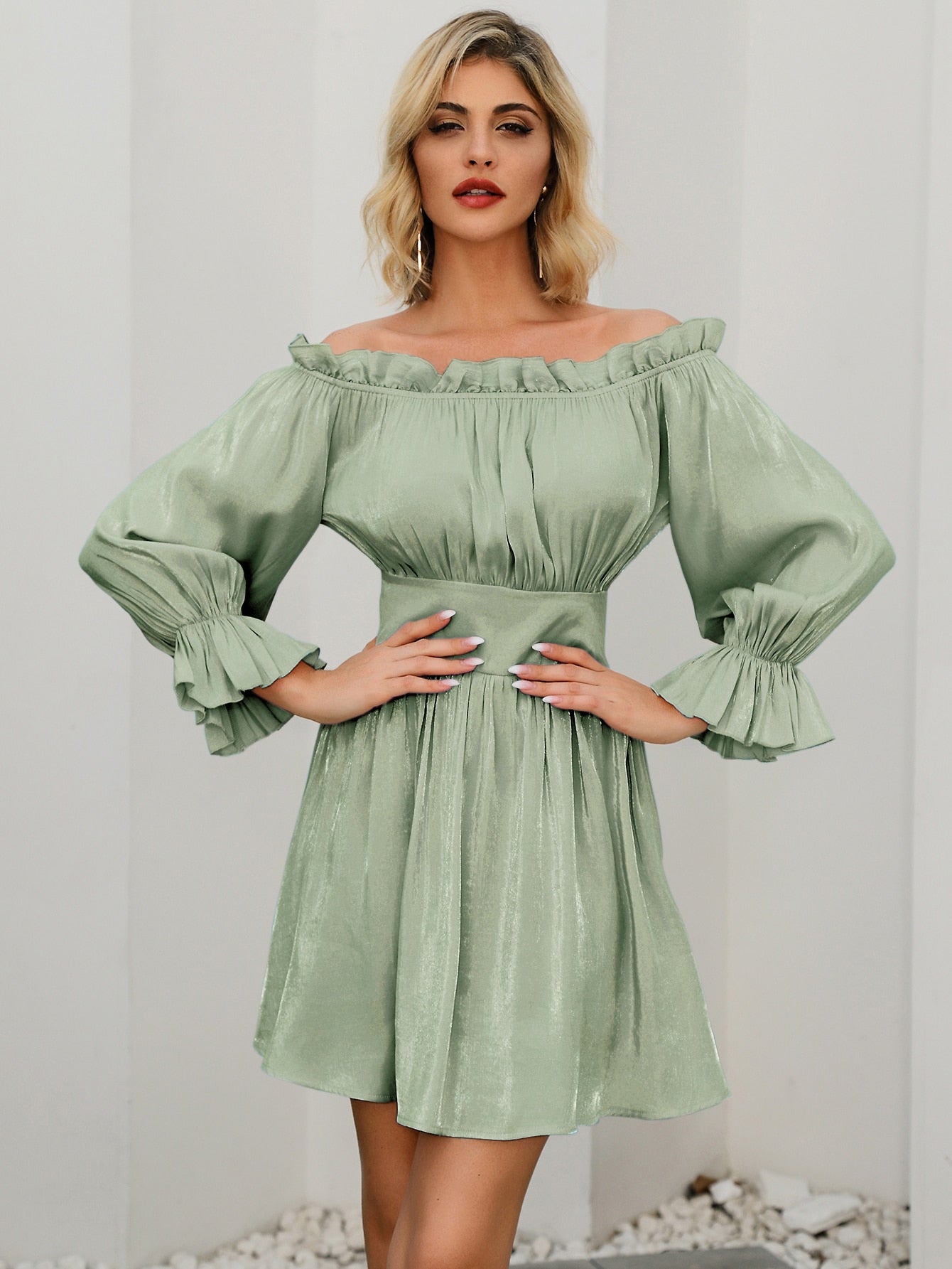 Amy's Cart Frill Off Shoulder Satin Dress