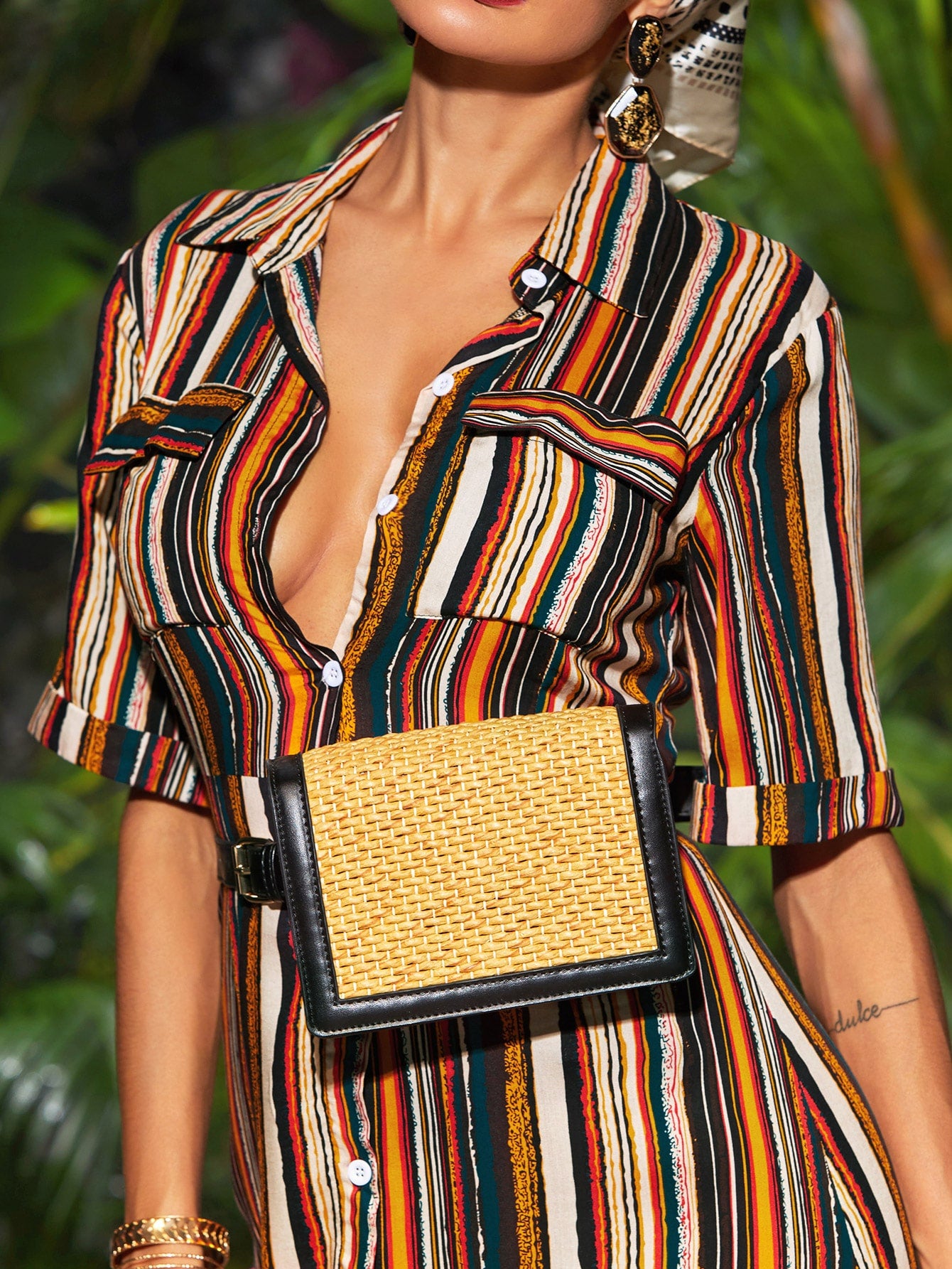 Multi-Color Striped Button Front Shirt Dress Without Bag