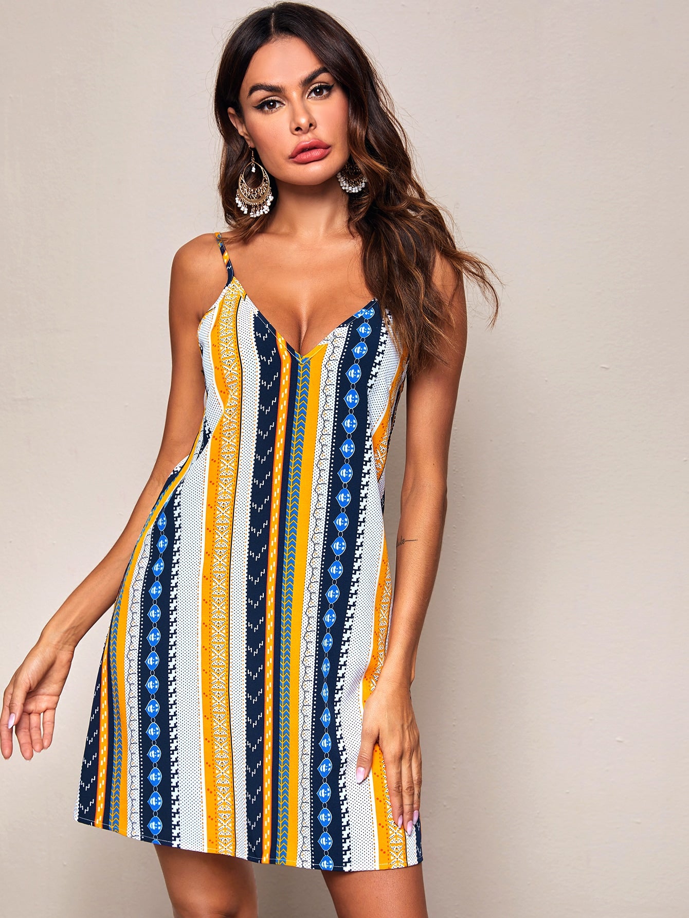 Double V-neck Tribal Print Slip Dress