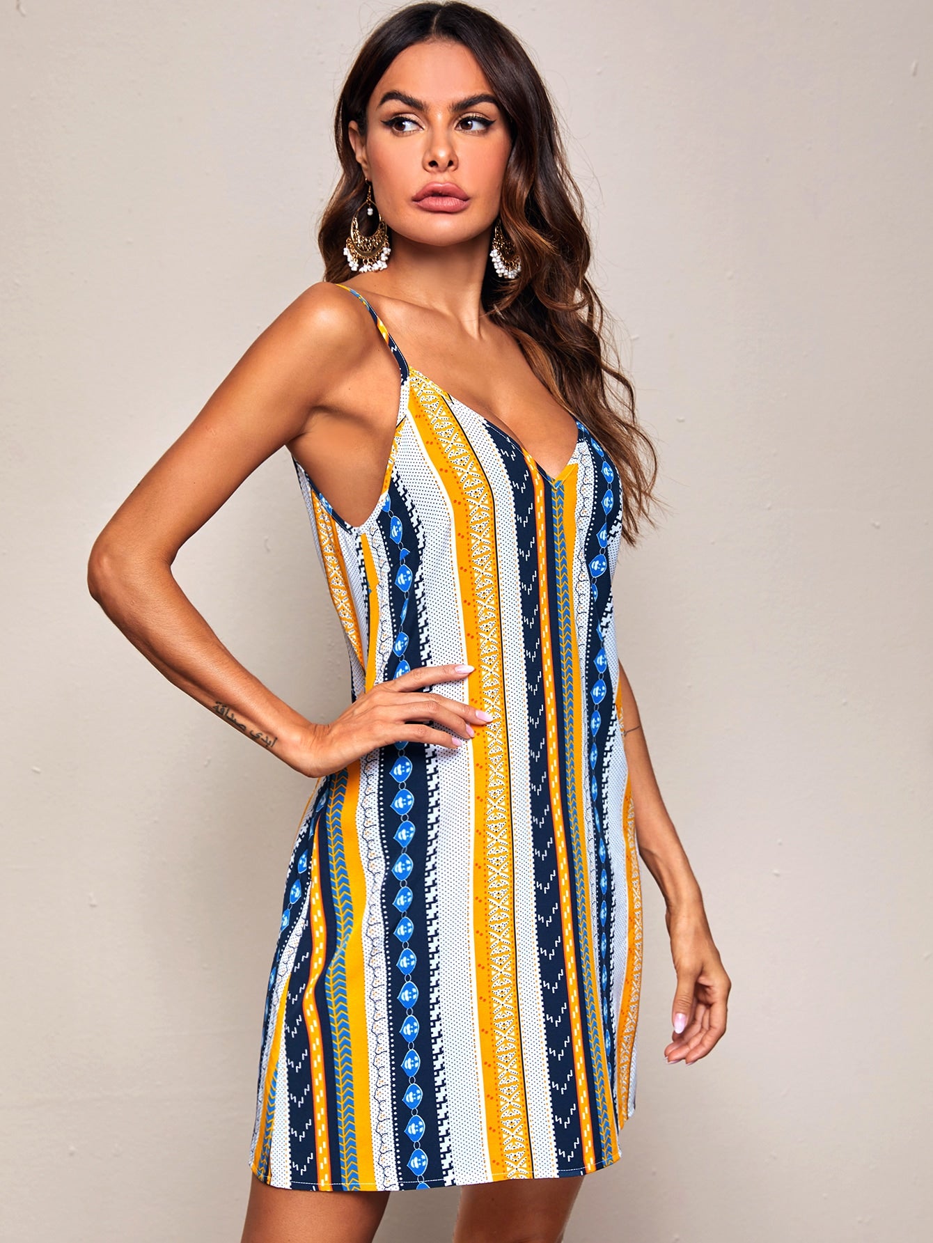 Double V-neck Tribal Print Slip Dress