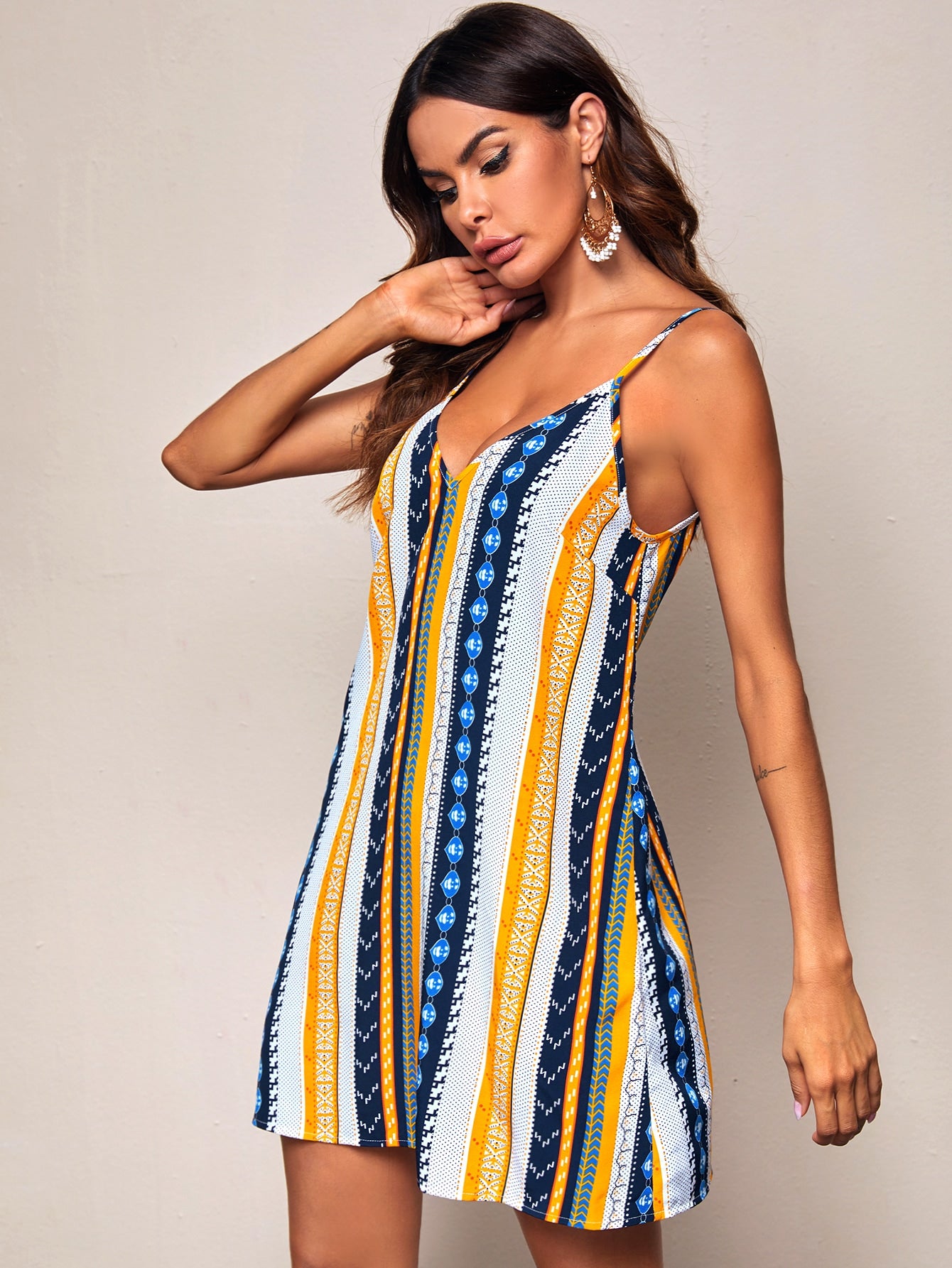 Double V-neck Tribal Print Slip Dress