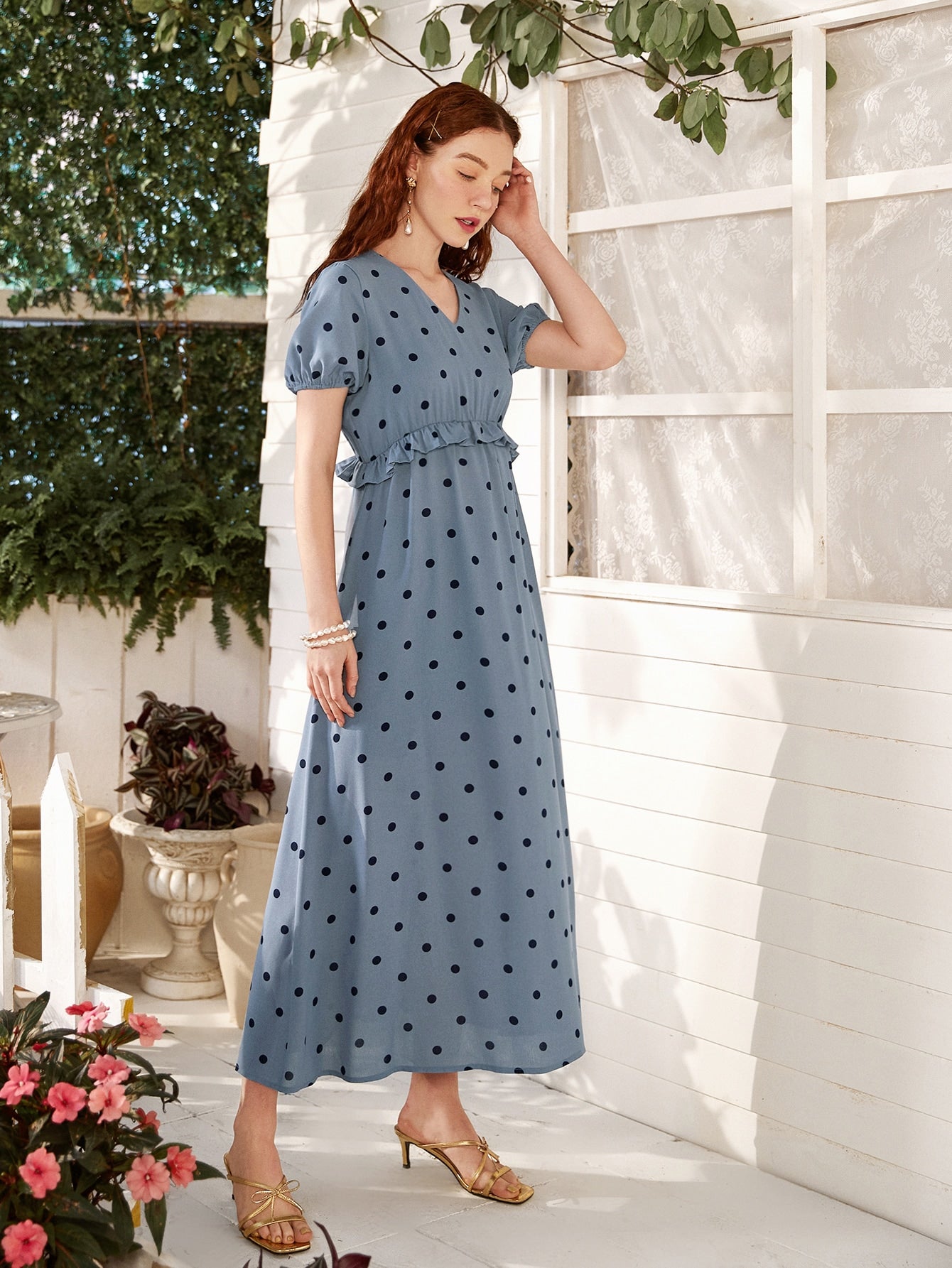 V-neck Polka Dot Frill Waist Dress